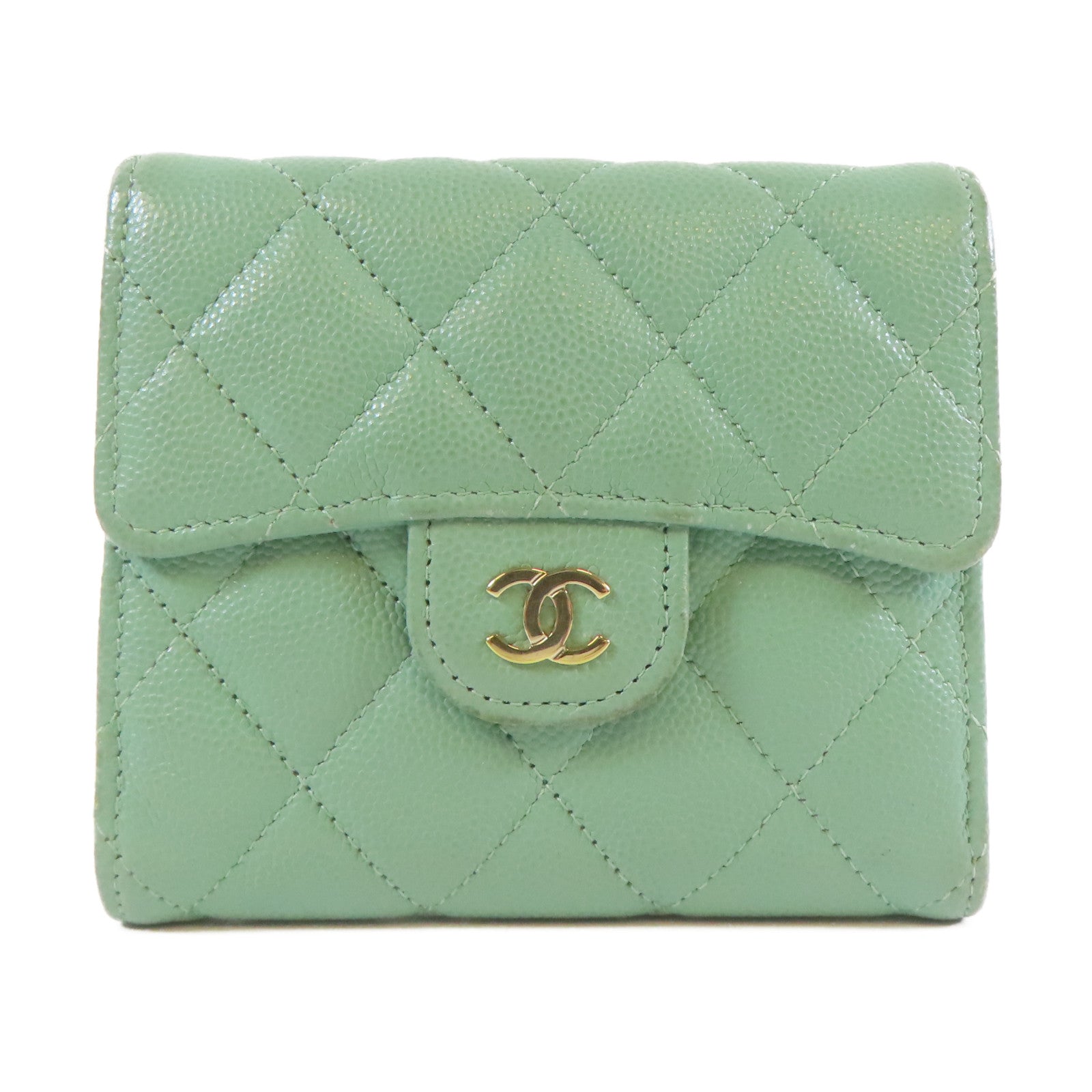 CHANEL 【清倉大減價】菱格牛皮皮革Wallet金扣啪鈕錢包綠色