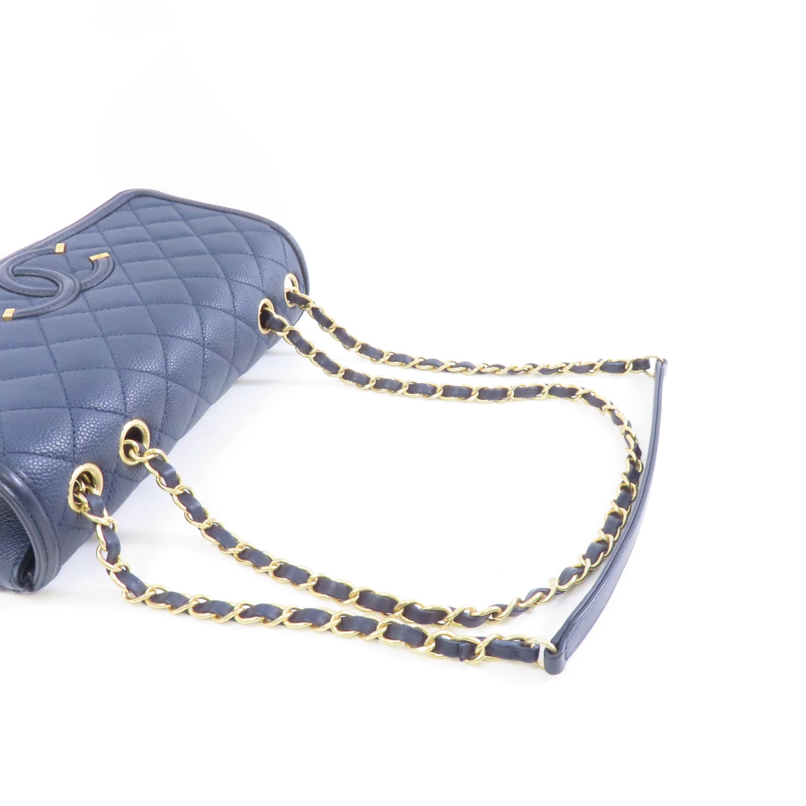 CHANEL 菱格牛皮皮革Chain Shoulder金扣鏈帶肩背袋深藍色