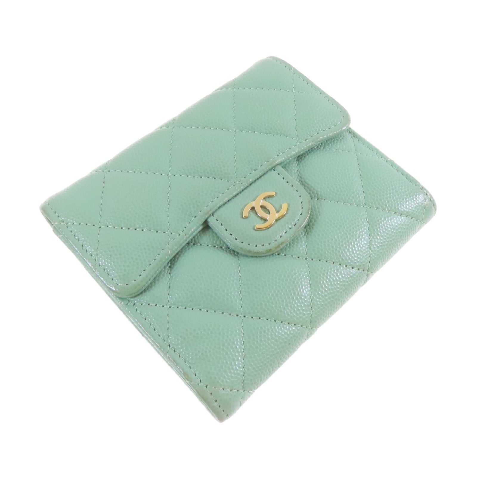 CHANEL 【清倉大減價】菱格牛皮皮革Wallet金扣啪鈕錢包綠色