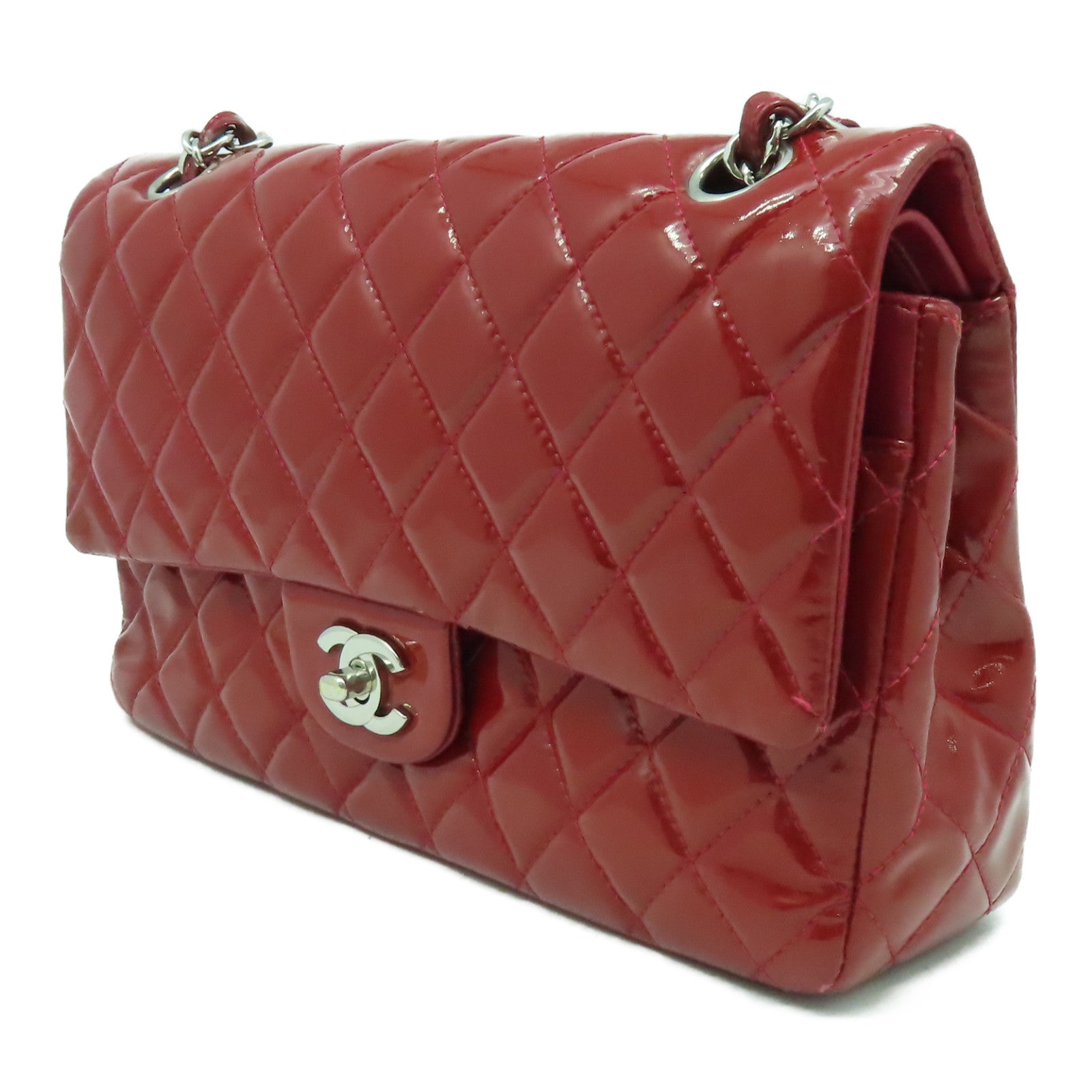 CHANEL **【清倉大減價】菱格漆皮皮革Classic 25cm銀扣鏈帶肩背袋紅色