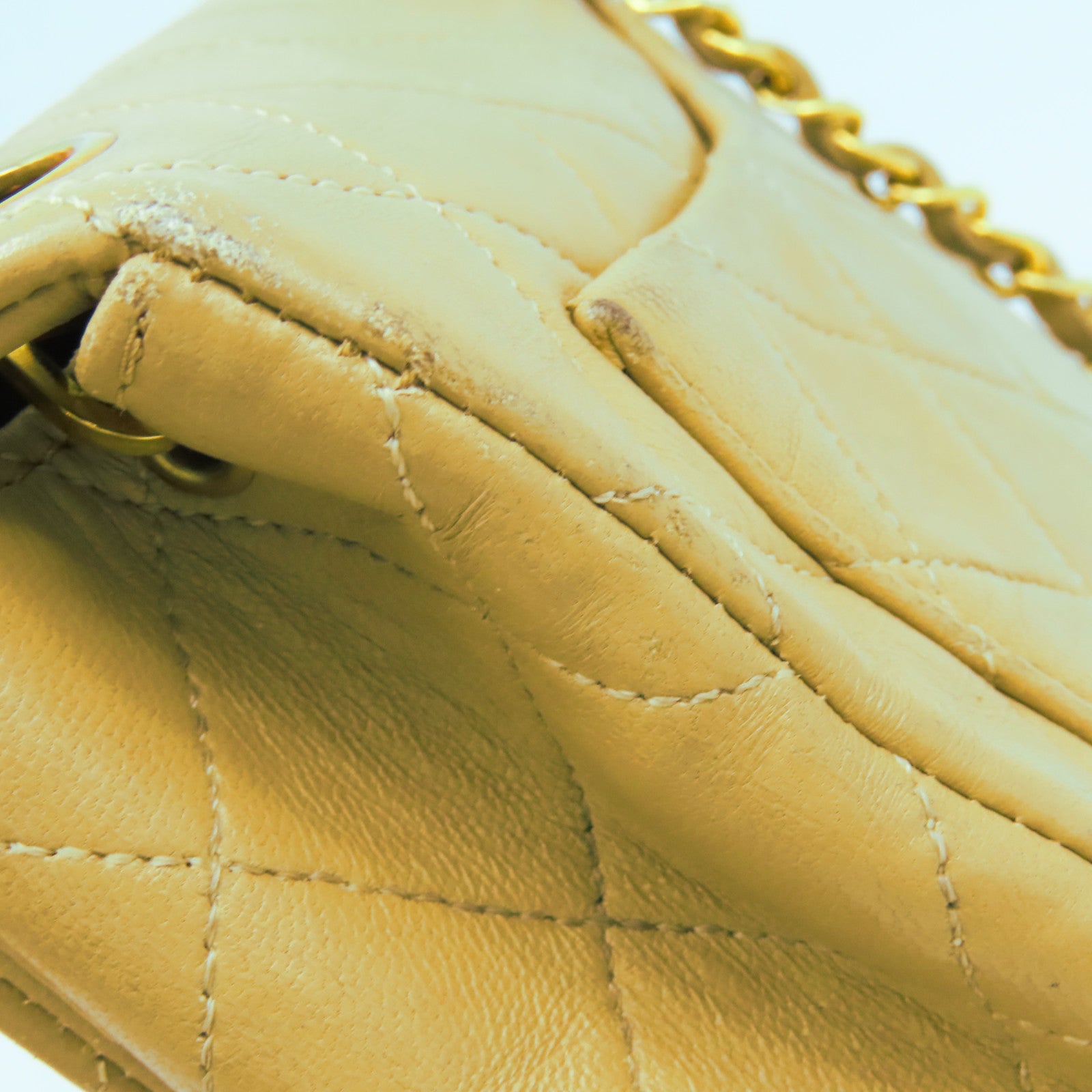 CHANEL 【激減優惠】菱格羊皮皮革Vintage Classic Flap 17cm金扣鏈帶肩背袋卡其色
