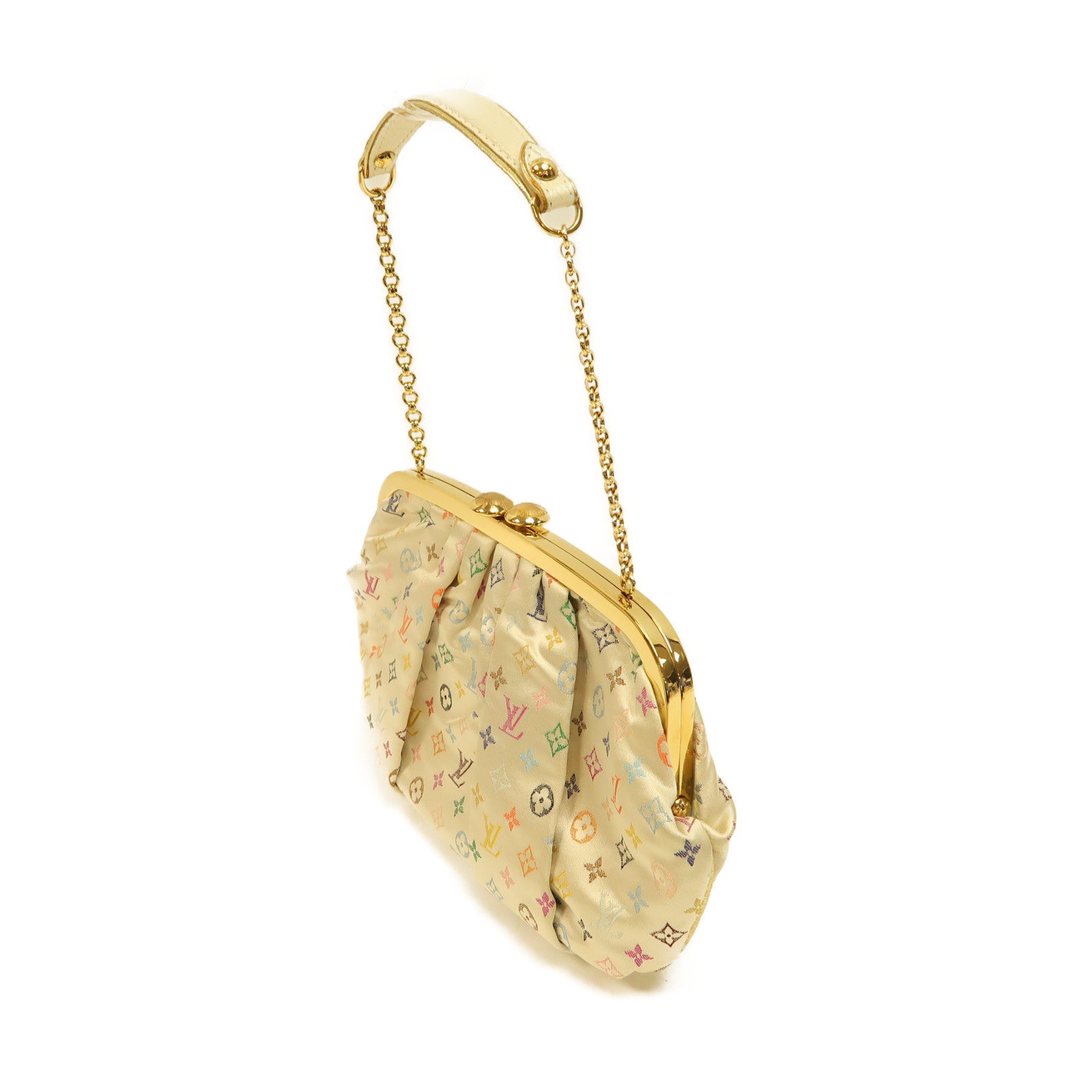 LOUIS VUITTON Monogram Satin Omoniere金扣手挽袋米白色