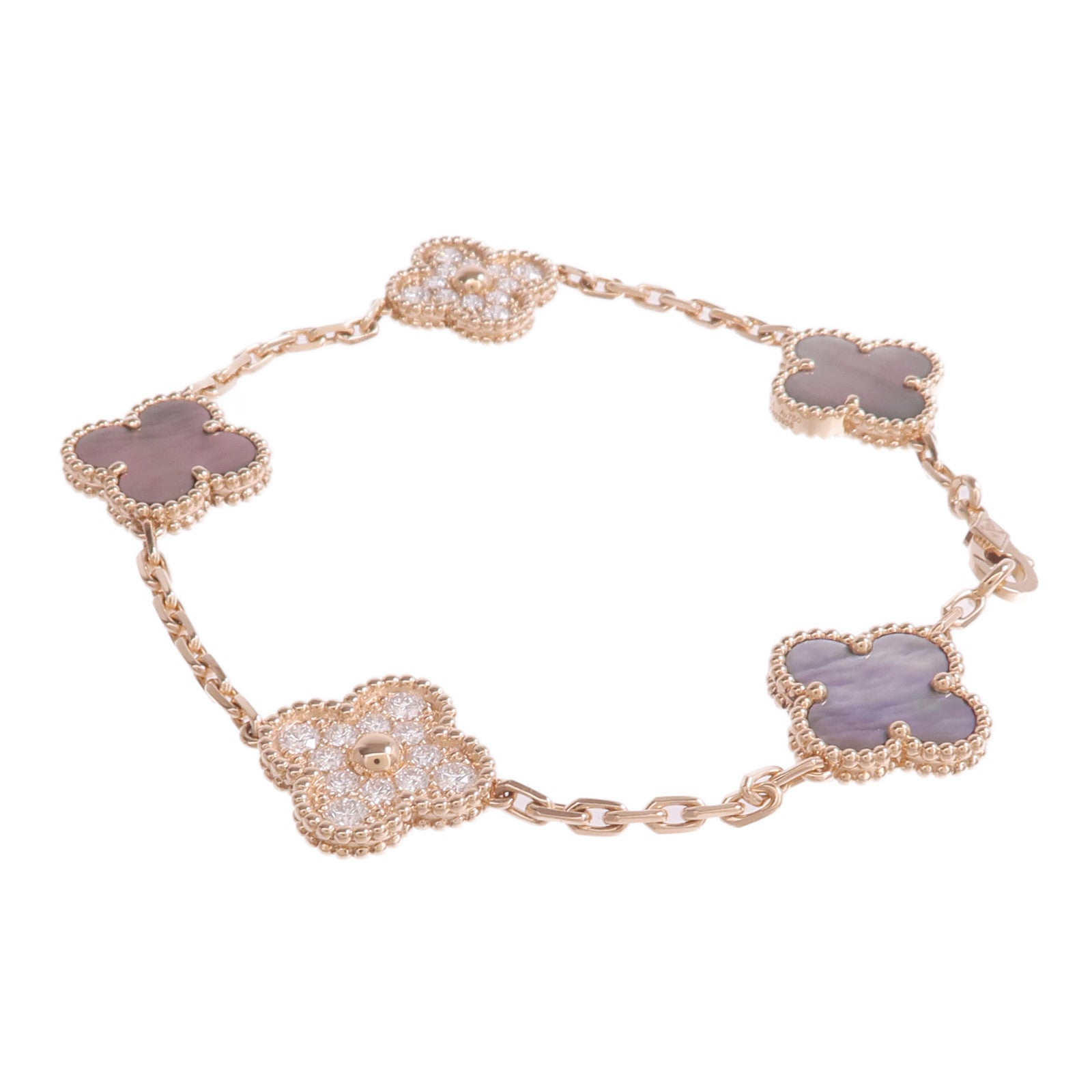 Van Cleef & Arpels 18K玫瑰金Vintage Alhambra Bracelet 5 Motifs珍珠母貝/鑽石手鏈