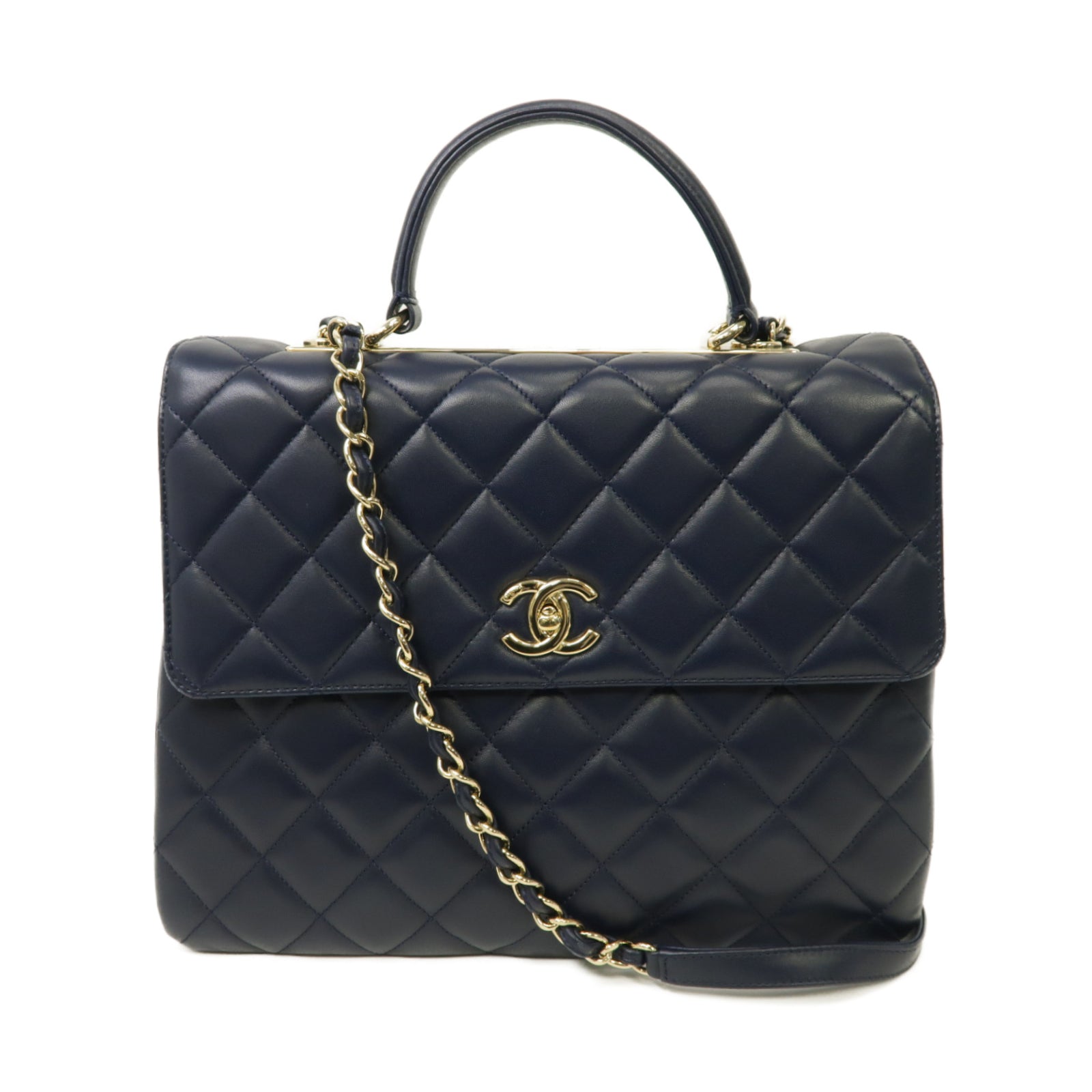 CHANEL 【激減優惠】菱格羊皮皮革Large Trendy CC金扣手挽肩背兩用袋深藍色