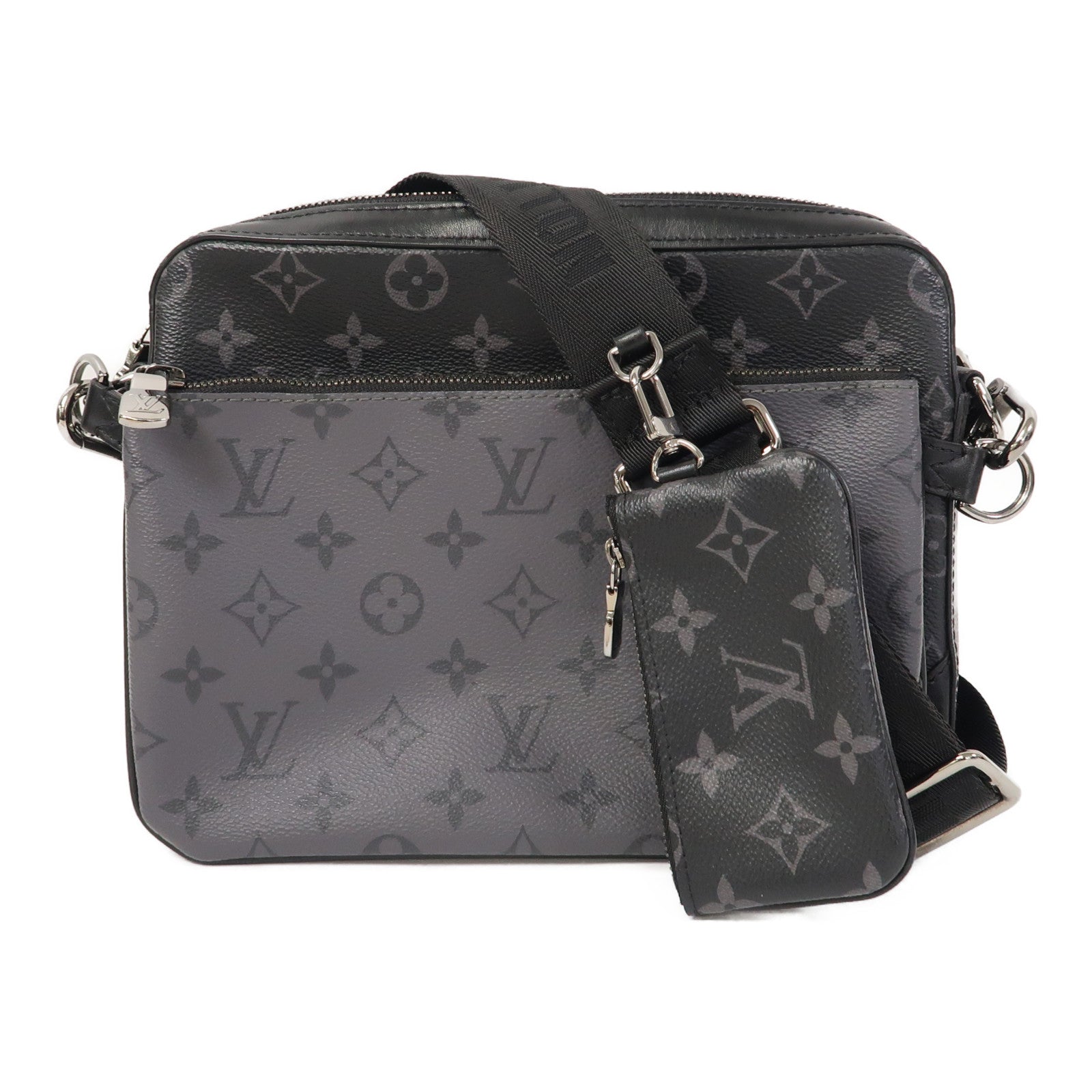 LOUIS VUITTON Monogram Eclipse Trio Messenger Bag銀扣肩背袋黑色/灰色