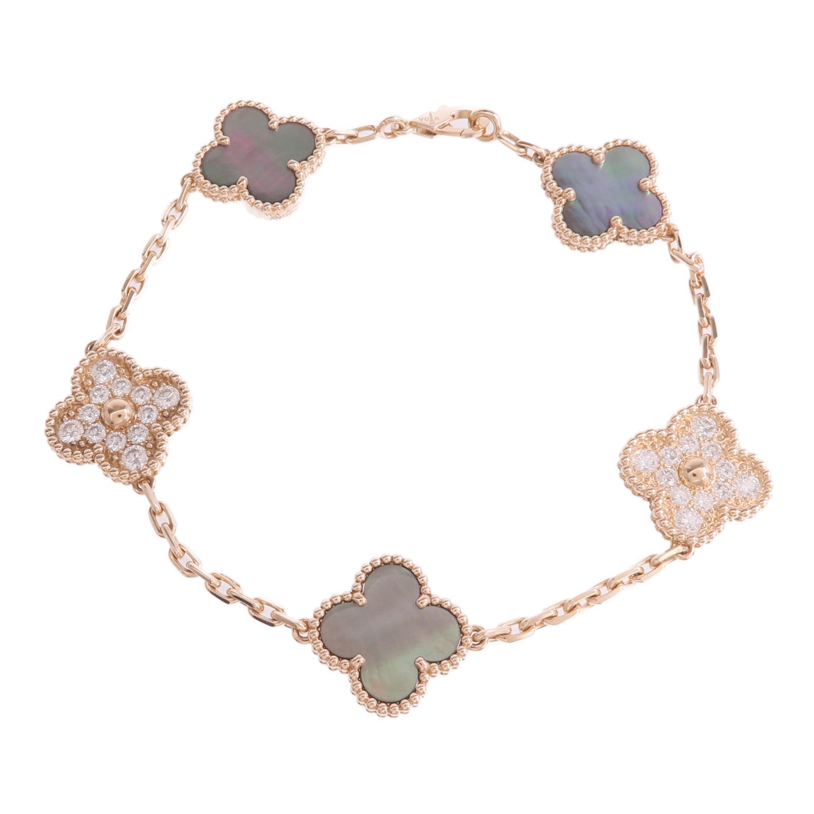 Van Cleef & Arpels 18K玫瑰金Vintage Alhambra Bracelet 5 Motifs珍珠母貝/鑽石手鏈