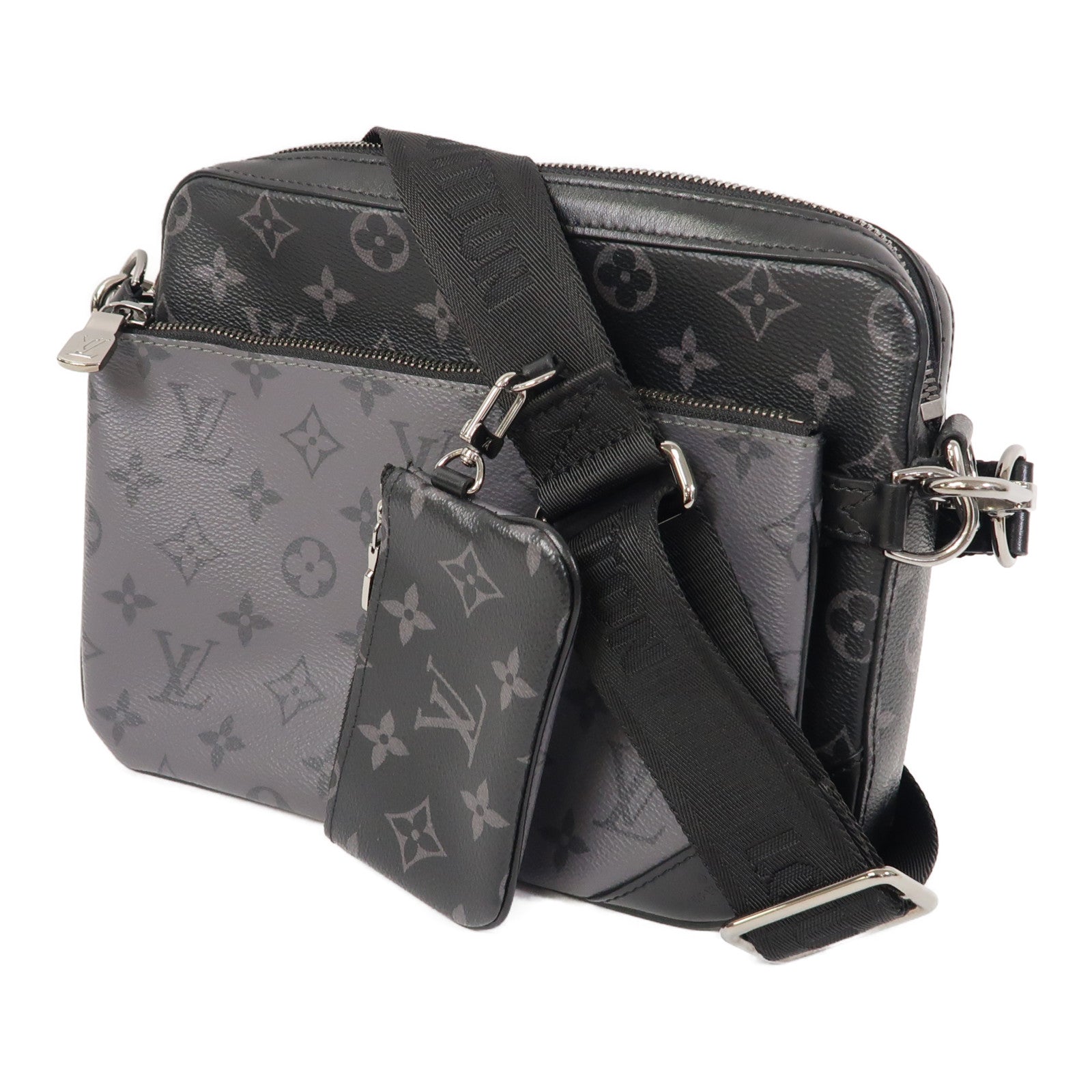 LOUIS VUITTON Monogram Eclipse Trio Messenger Bag銀扣肩背袋黑色/灰色