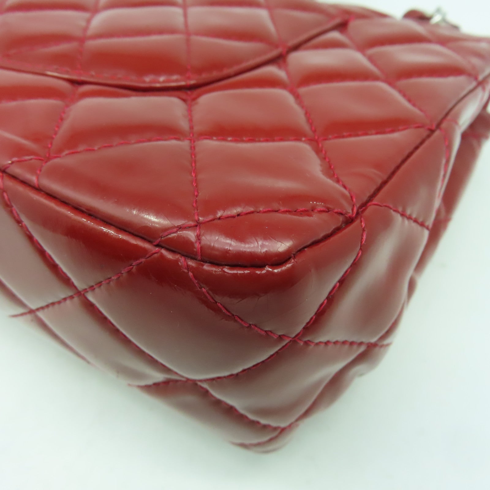 CHANEL **【清倉大減價】菱格漆皮皮革Classic 25cm銀扣鏈帶肩背袋紅色