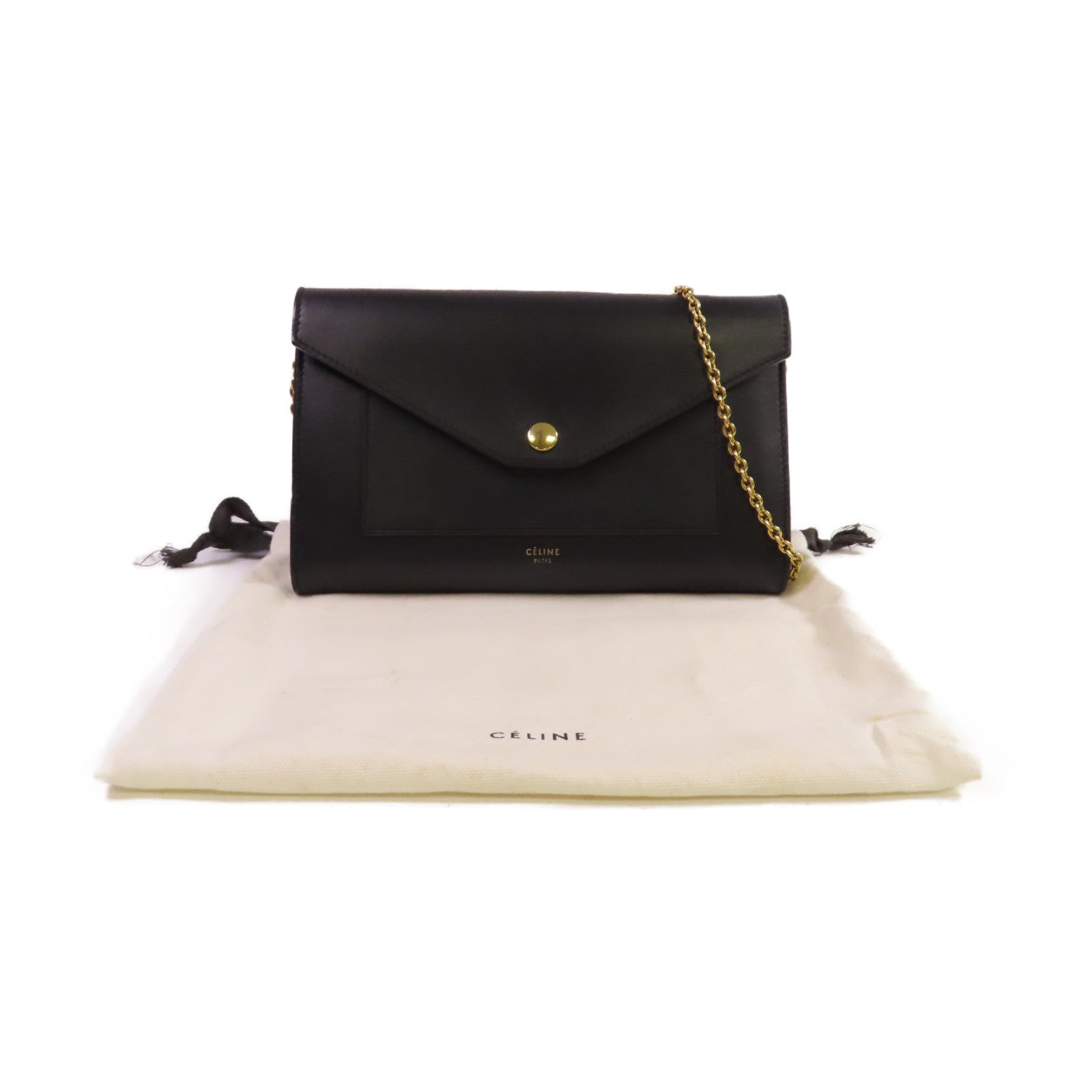 CELINE 牛皮皮革Wallet On Chain Shoulder Bag金扣鏈帶肩背袋黑色