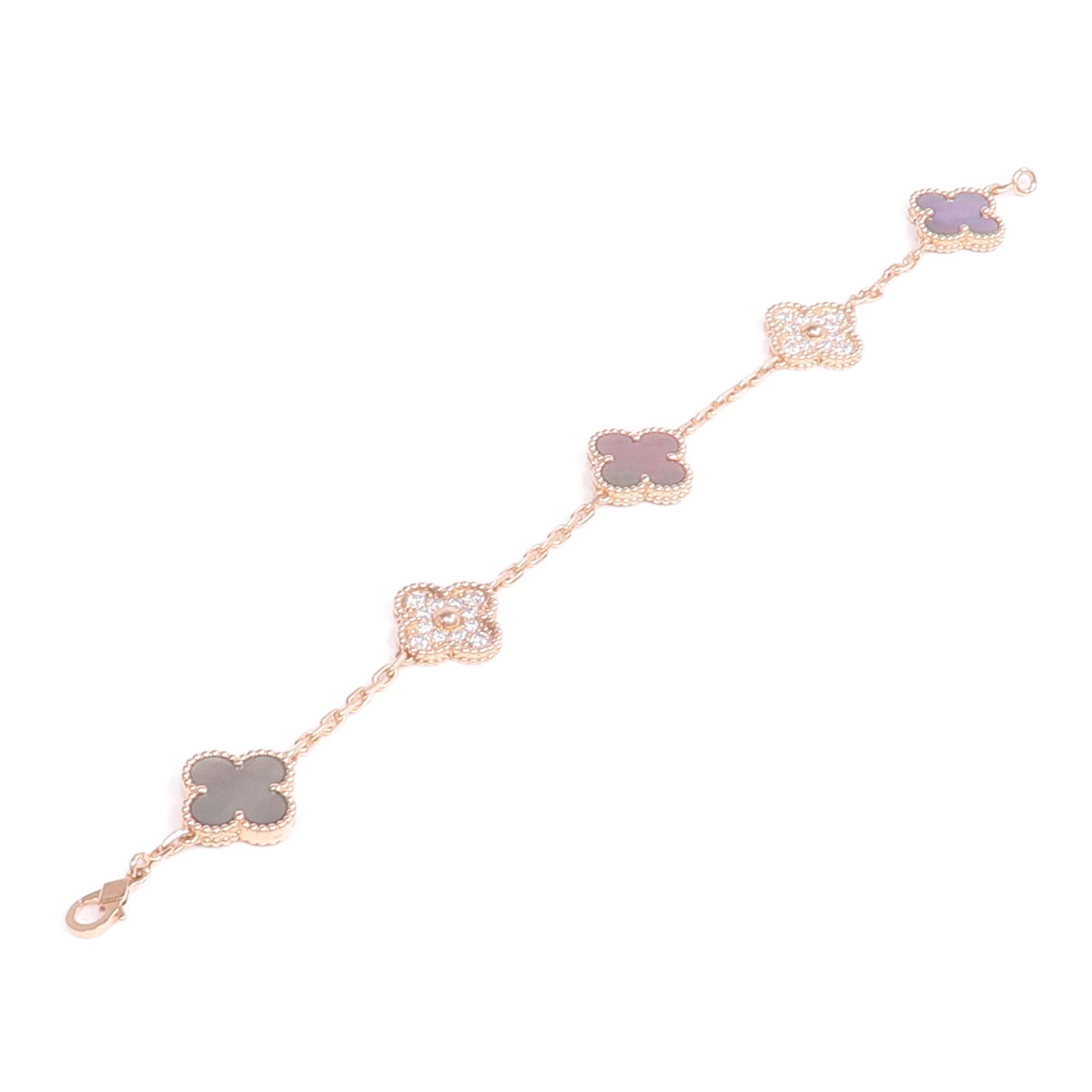 Van Cleef & Arpels 18K玫瑰金Vintage Alhambra Bracelet 5 Motifs珍珠母貝/鑽石手鏈
