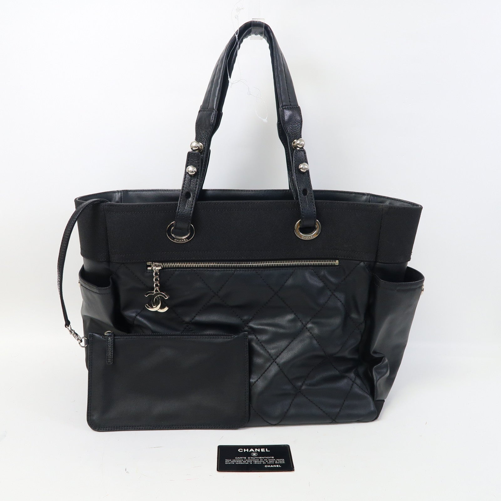 CHANEL 【激減優惠】菱格塗層帆布Biarritz Totebag MM銀扣手挽袋