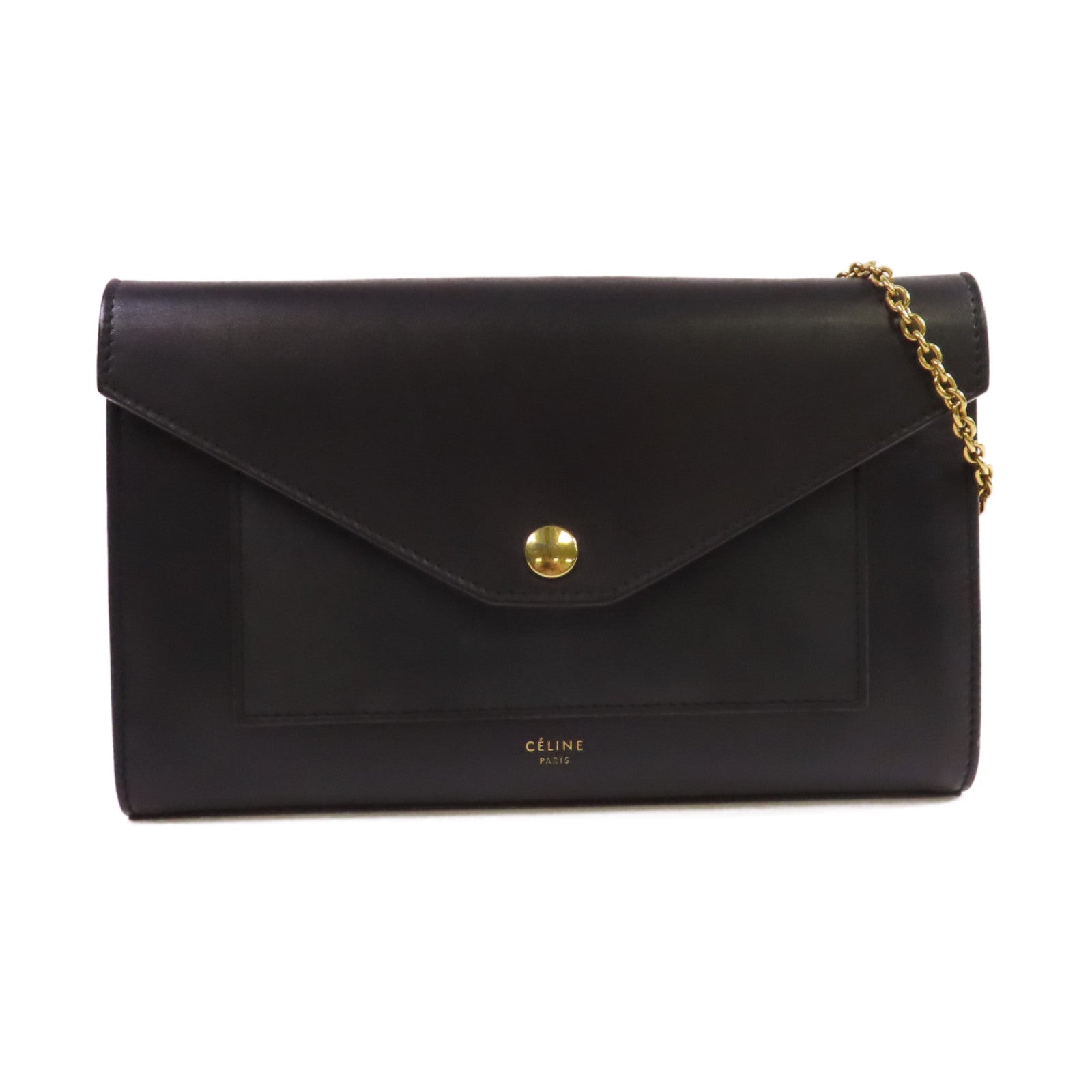 CELINE 牛皮皮革Wallet On Chain Shoulder Bag金扣鏈帶肩背袋黑色