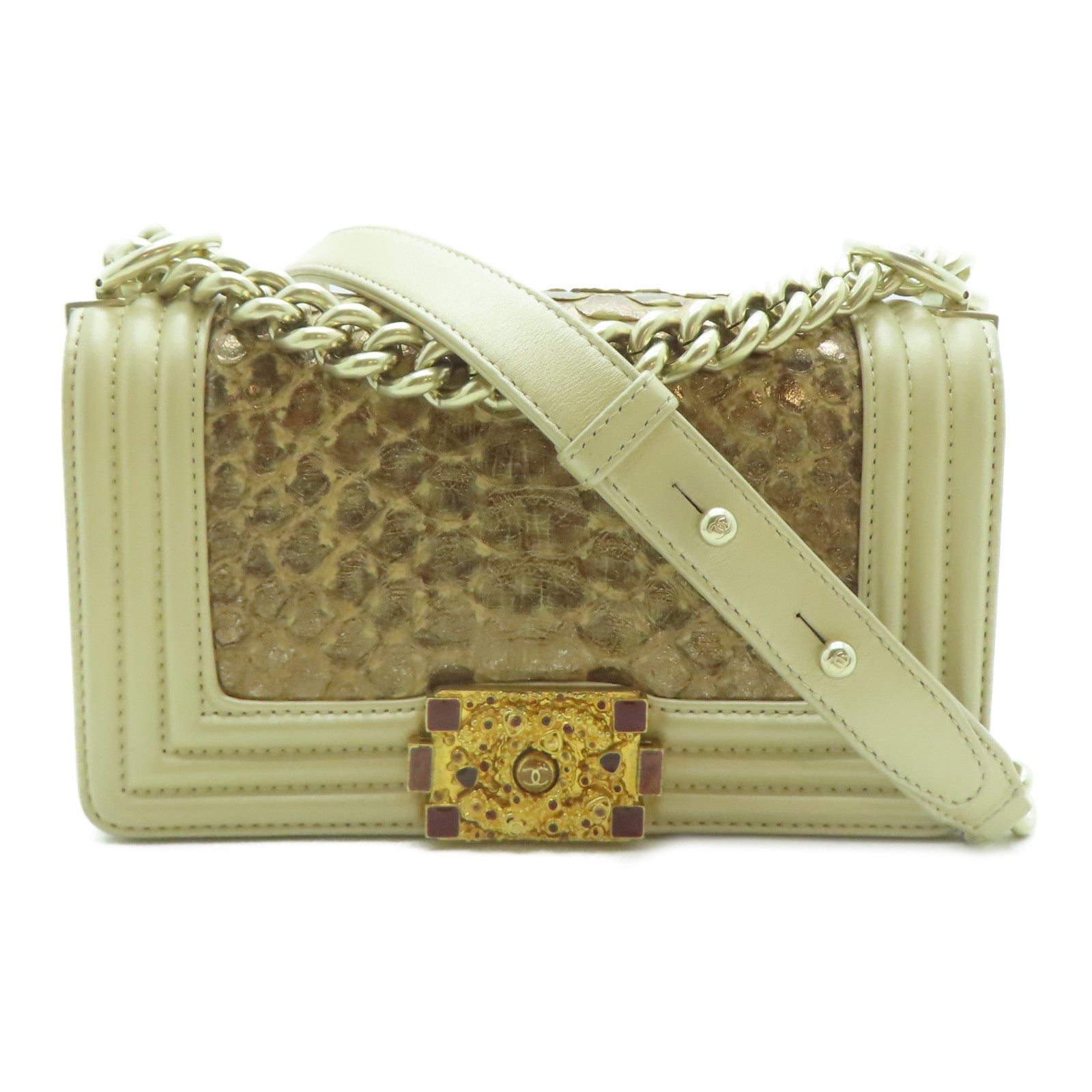 CHANEL **【激減優惠】蛇皮皮革Chain Shoulder金扣鏈帶肩背袋金色