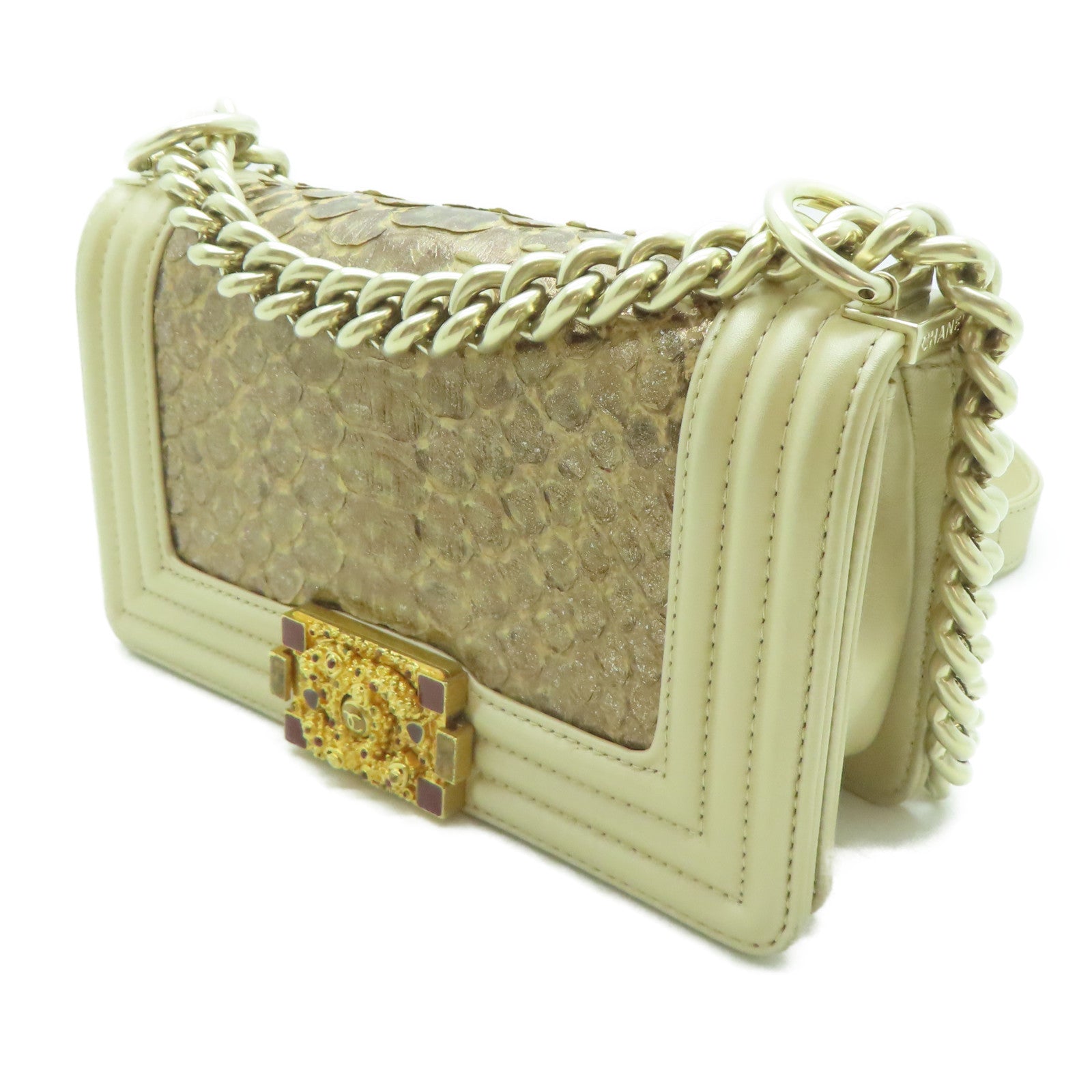 CHANEL **【激減優惠】蛇皮皮革Chain Shoulder金扣鏈帶肩背袋金色
