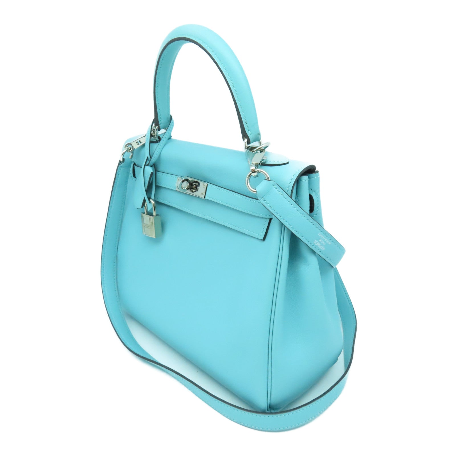 HERMES Swift Leather Kelly 25 SOP Silver Buckle Handle Bag Bleu Atoll Light Blue