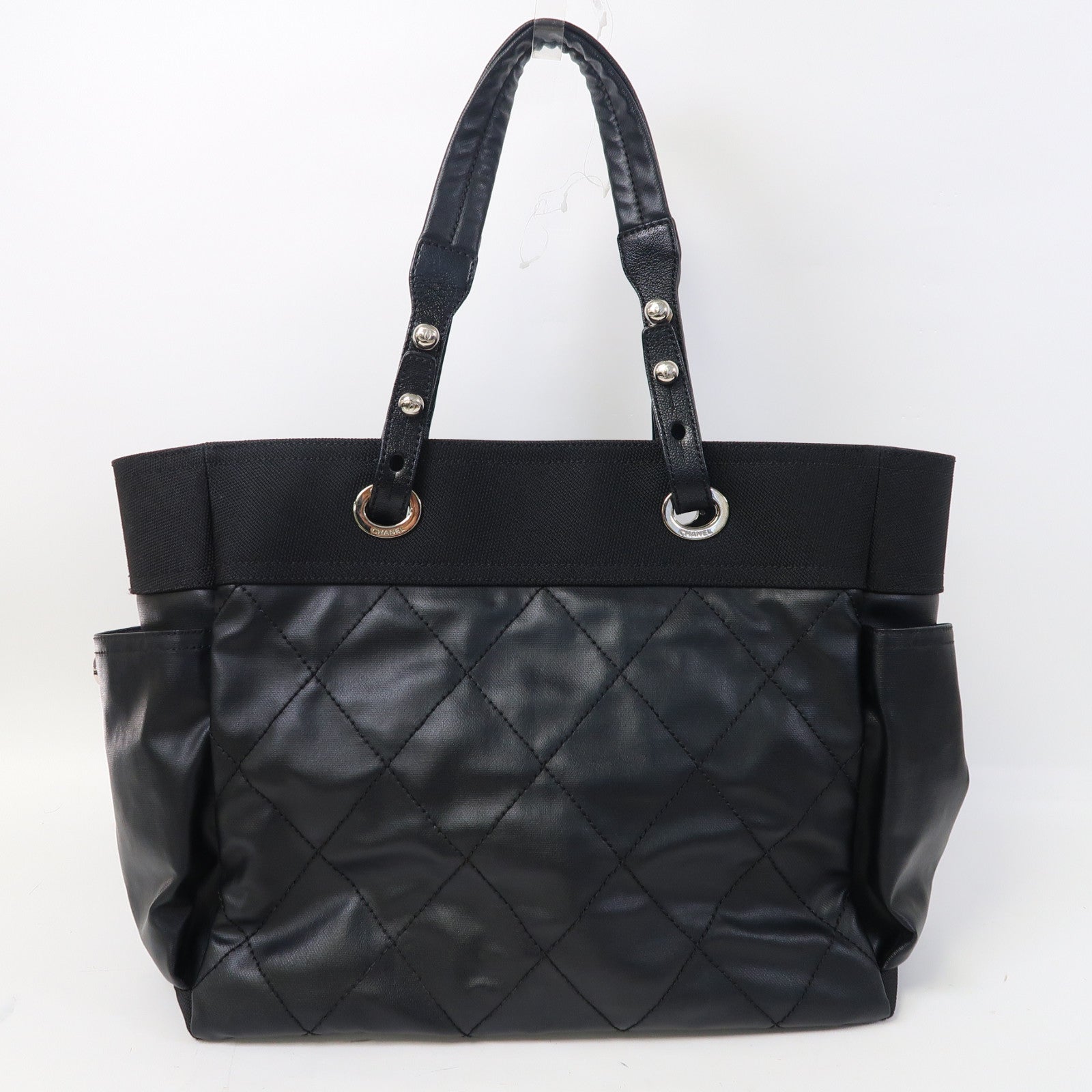CHANEL 【激減優惠】菱格塗層帆布Biarritz Totebag MM銀扣手挽袋黑色