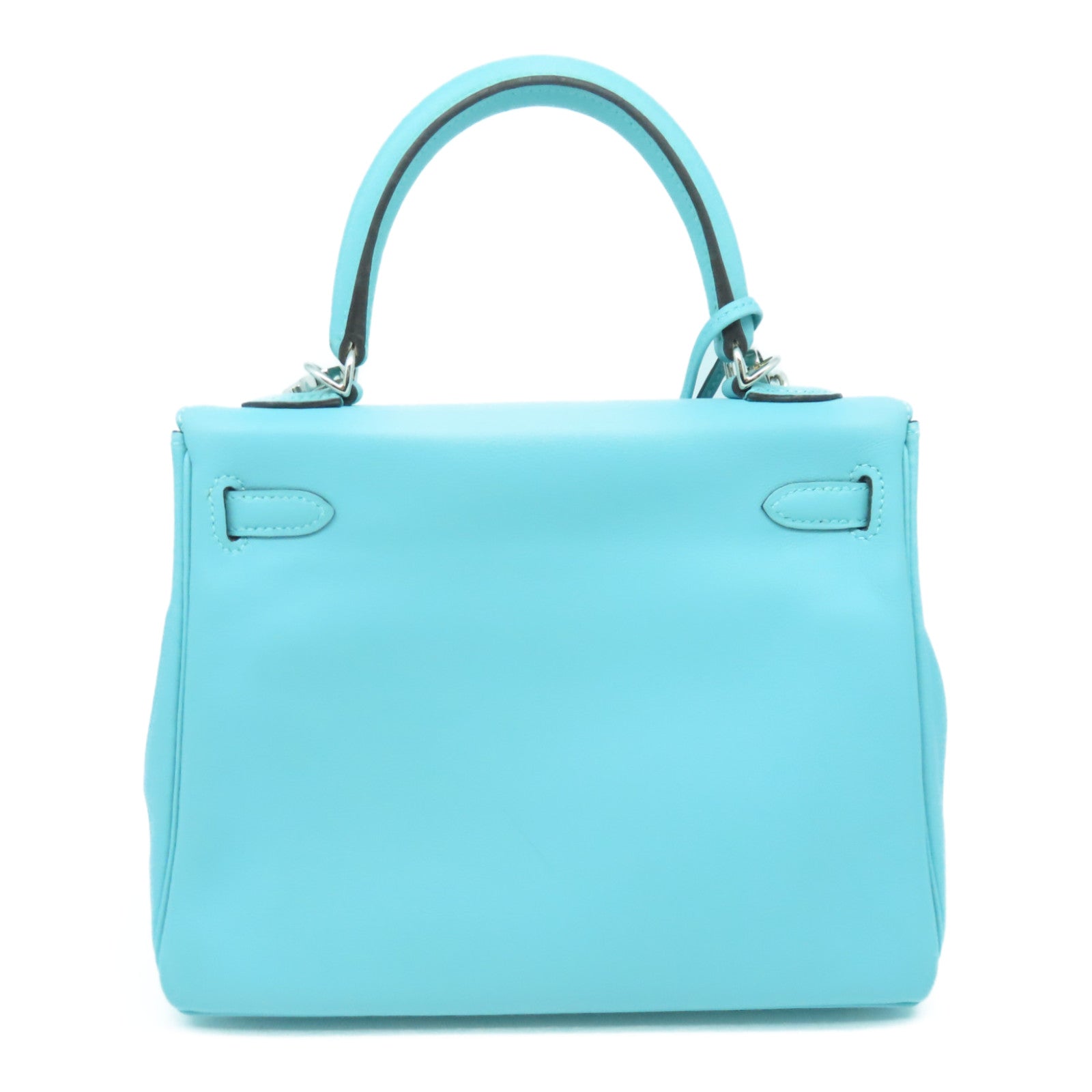 HERMES Swift Leather Kelly 25 SOP Silver Buckle Handle Bag Bleu Atoll Light Blue