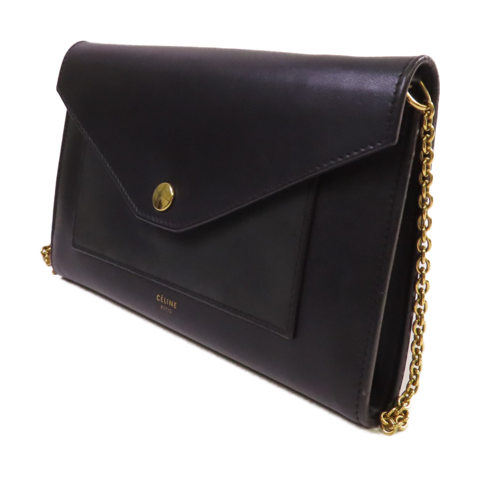 CELINE 牛皮皮革Wallet On Chain Shoulder Bag金扣鏈帶肩背袋黑色