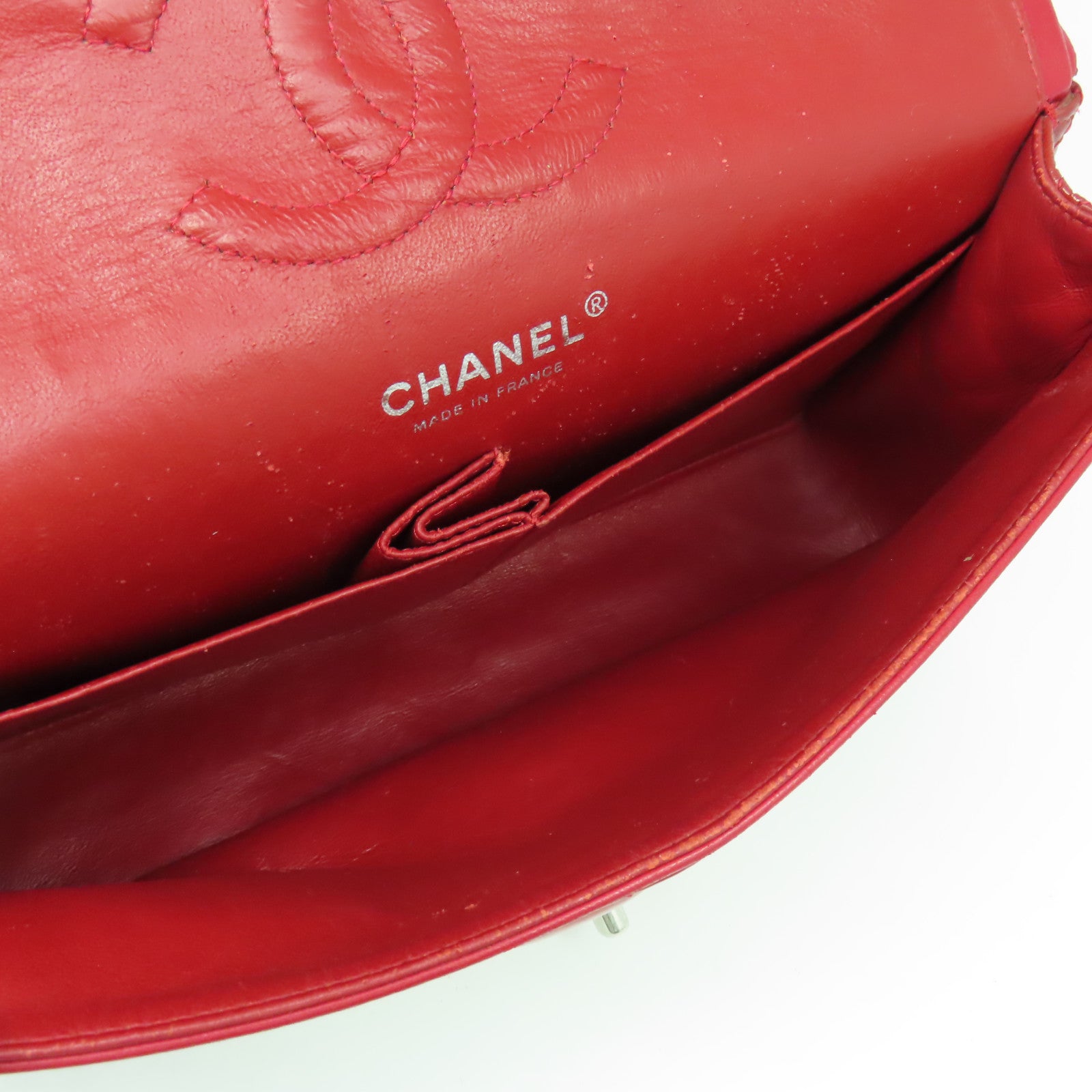 CHANEL **【清倉大減價】菱格漆皮皮革Classic 25cm銀扣鏈帶肩背袋紅色