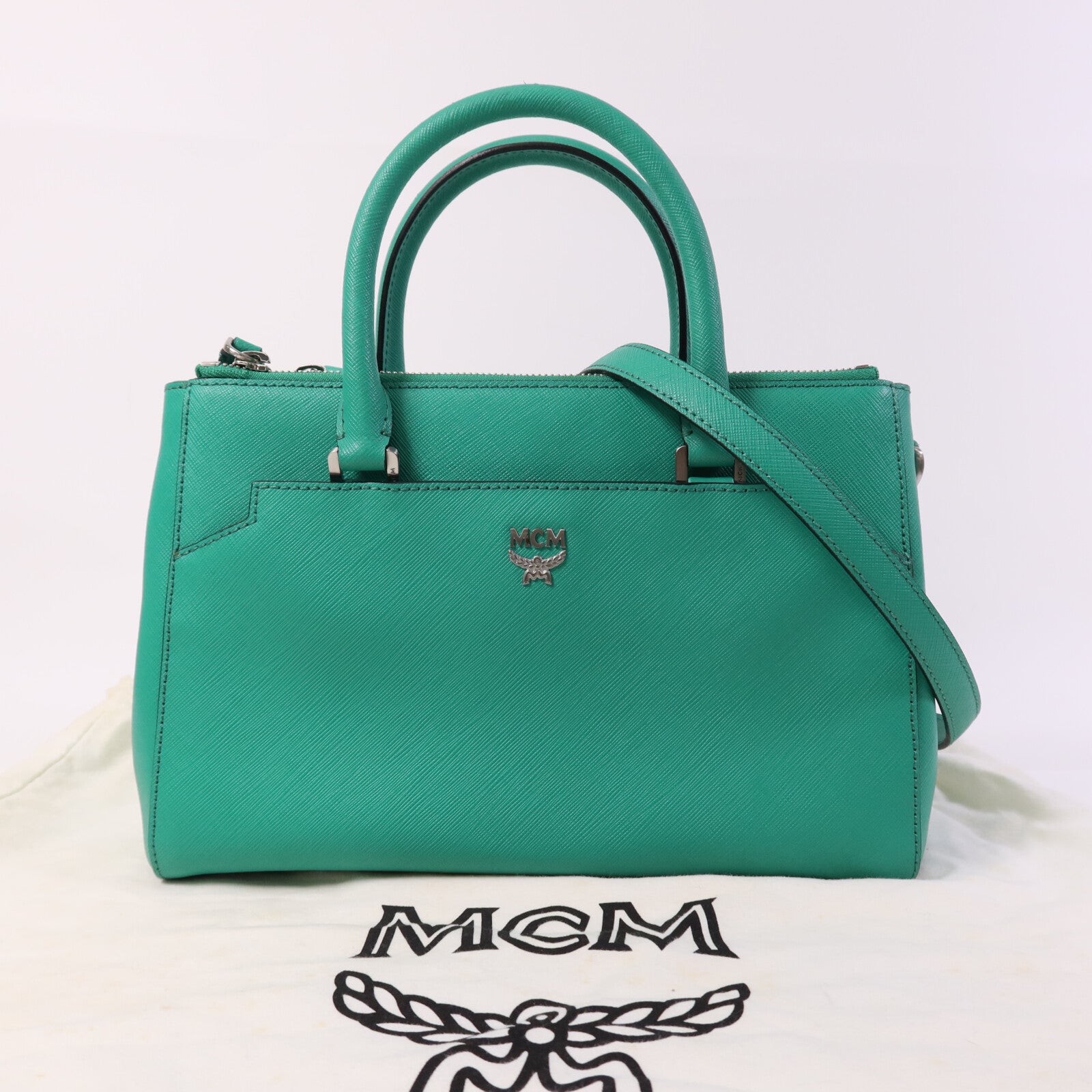 MCM 牛皮皮革2 Way Shoulder Bag銀扣手挽肩背兩用袋