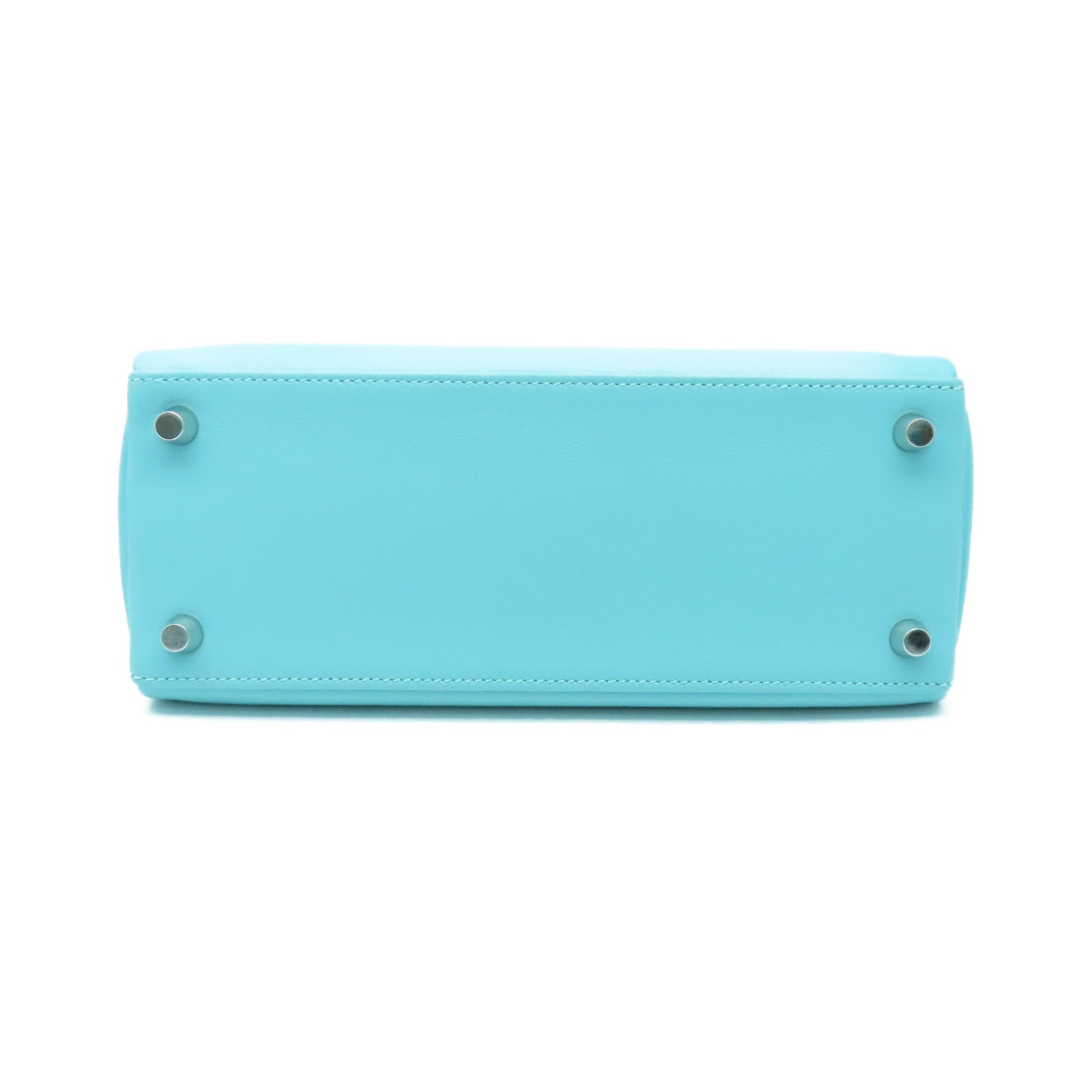 HERMES Swift Leather Kelly 25 SOP Silver Buckle Handle Bag Bleu Atoll Light Blue