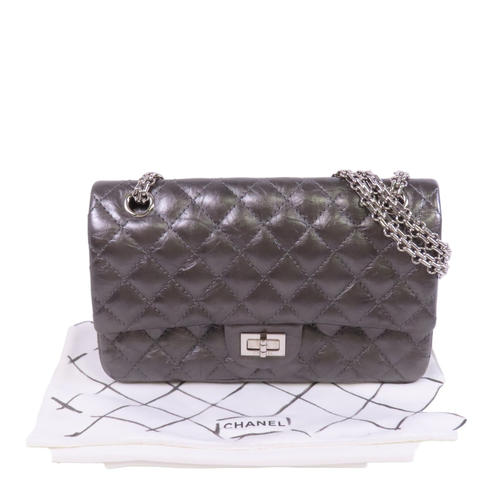 CHANEL 牛皮皮革2.55 24cm銀扣鏈帶肩背袋