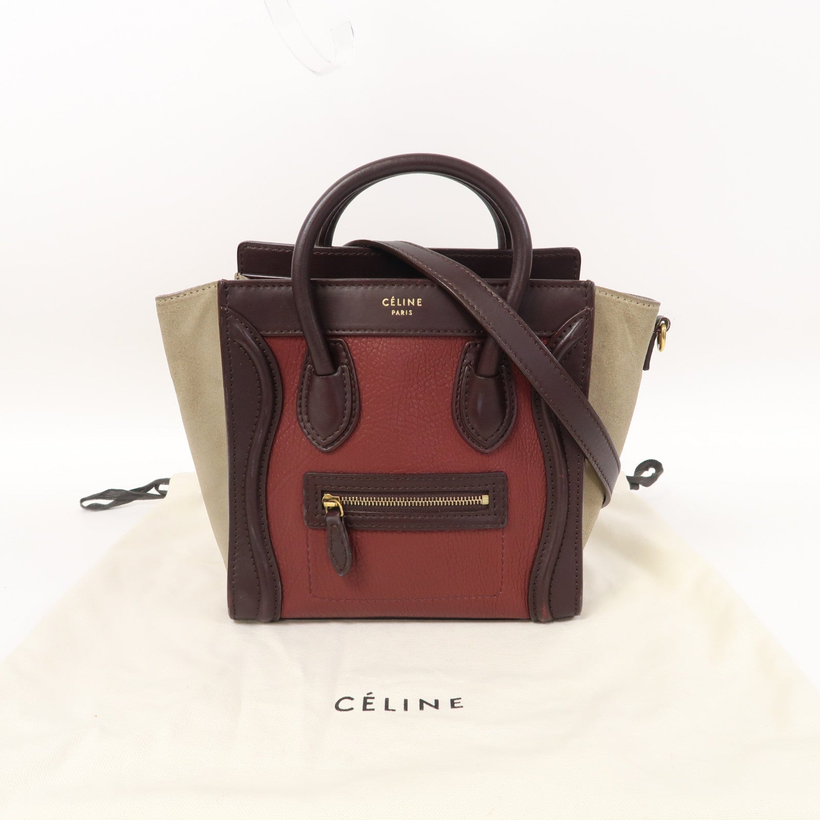 CELINE 牛皮皮革Nano Luggage金扣手挽肩背兩用袋酒紅色