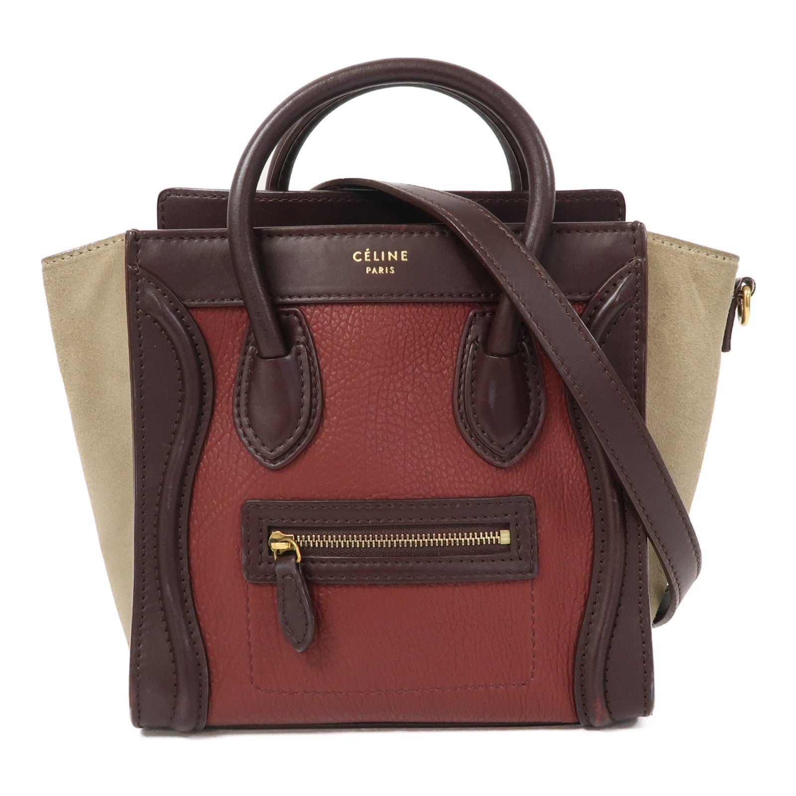 CELINE 牛皮皮革Nano Luggage金扣手挽肩背兩用袋酒紅色