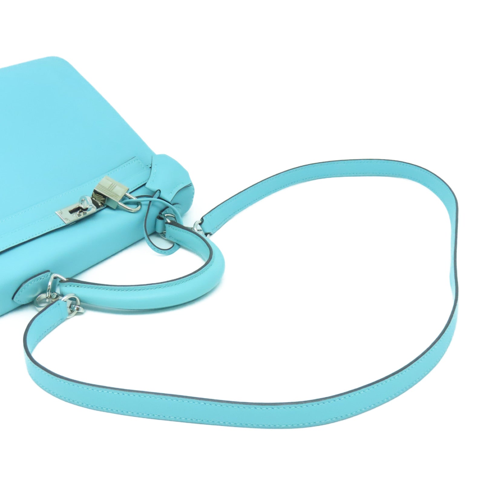 HERMES Swift Leather Kelly 25 SOP Silver Buckle Handle Bag Bleu Atoll Light Blue