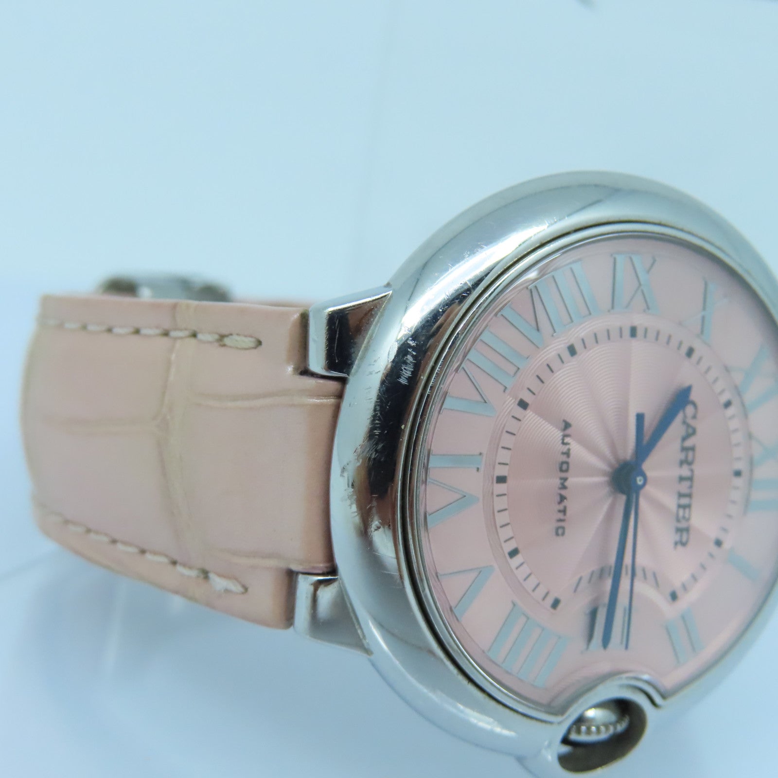 CARTIER Ballon Blue皮革帶/不鏽鋼自動機芯手錶粉紅色