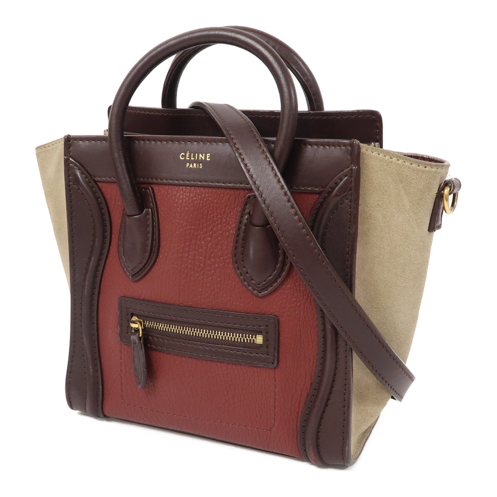 CELINE 牛皮皮革Nano Luggage金扣手挽肩背兩用袋酒紅色