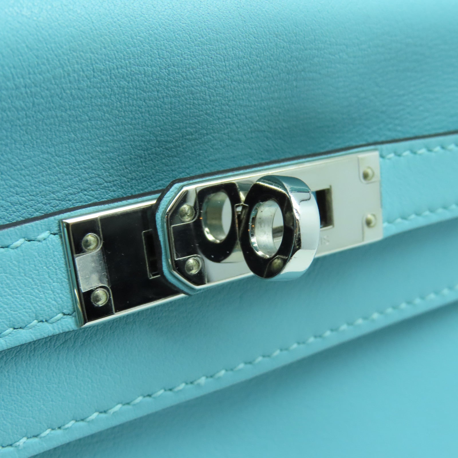 HERMES Swift Leather Kelly 25 SOP Silver Buckle Handle Bag Bleu Atoll Light Blue