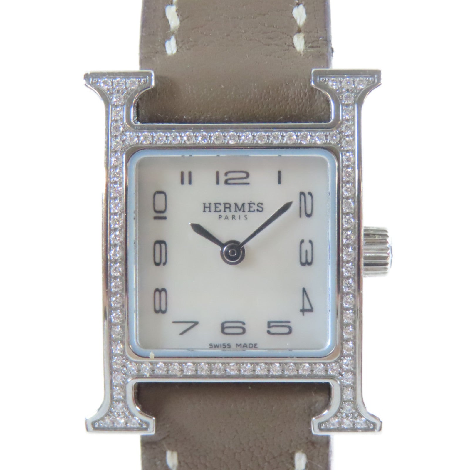 HERMES 不鏽鋼/皮革帯H Watch Diamond石英機芯手錶啡色