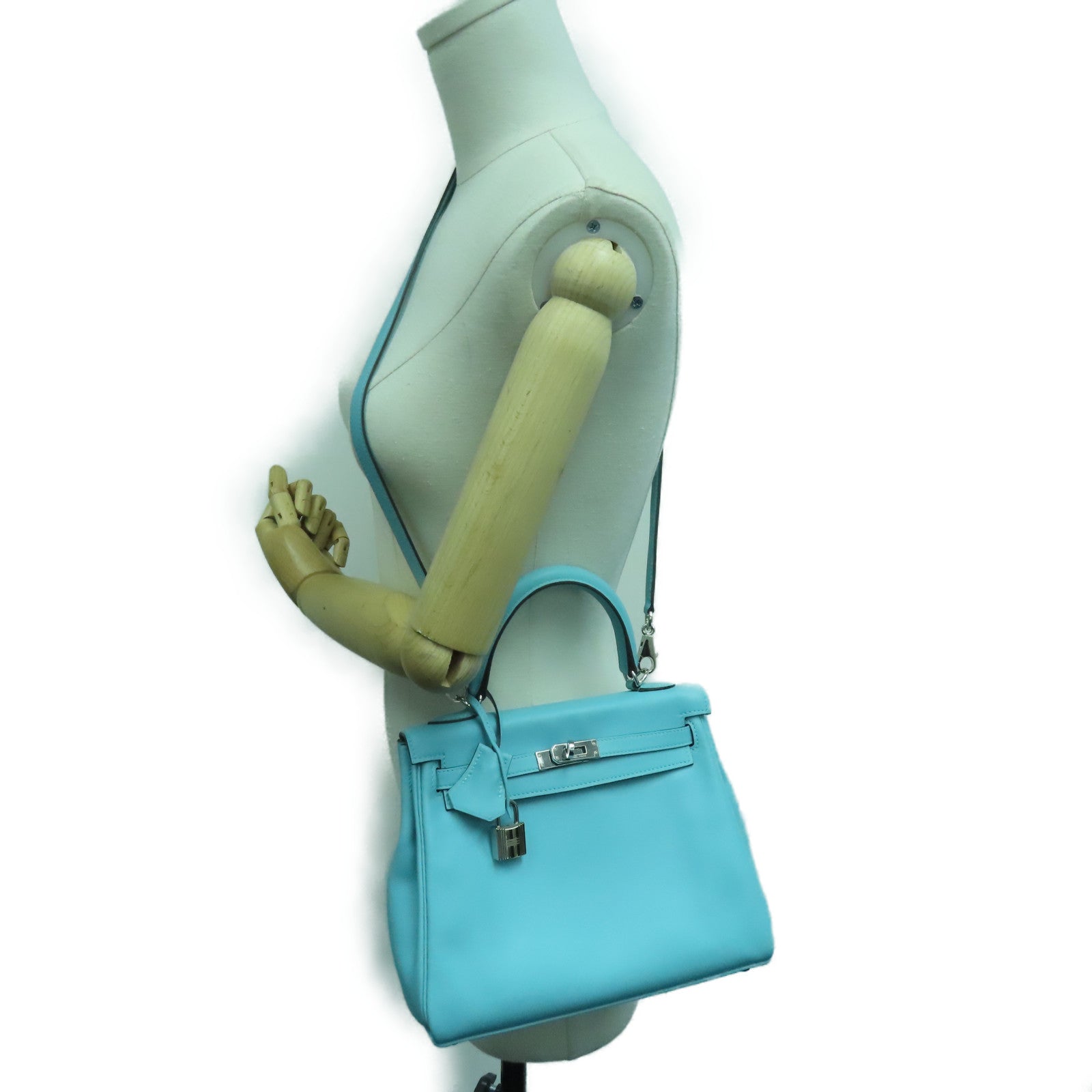 HERMES Swift Leather Kelly 25 SOP Silver Buckle Handle Bag Bleu Atoll Light Blue
