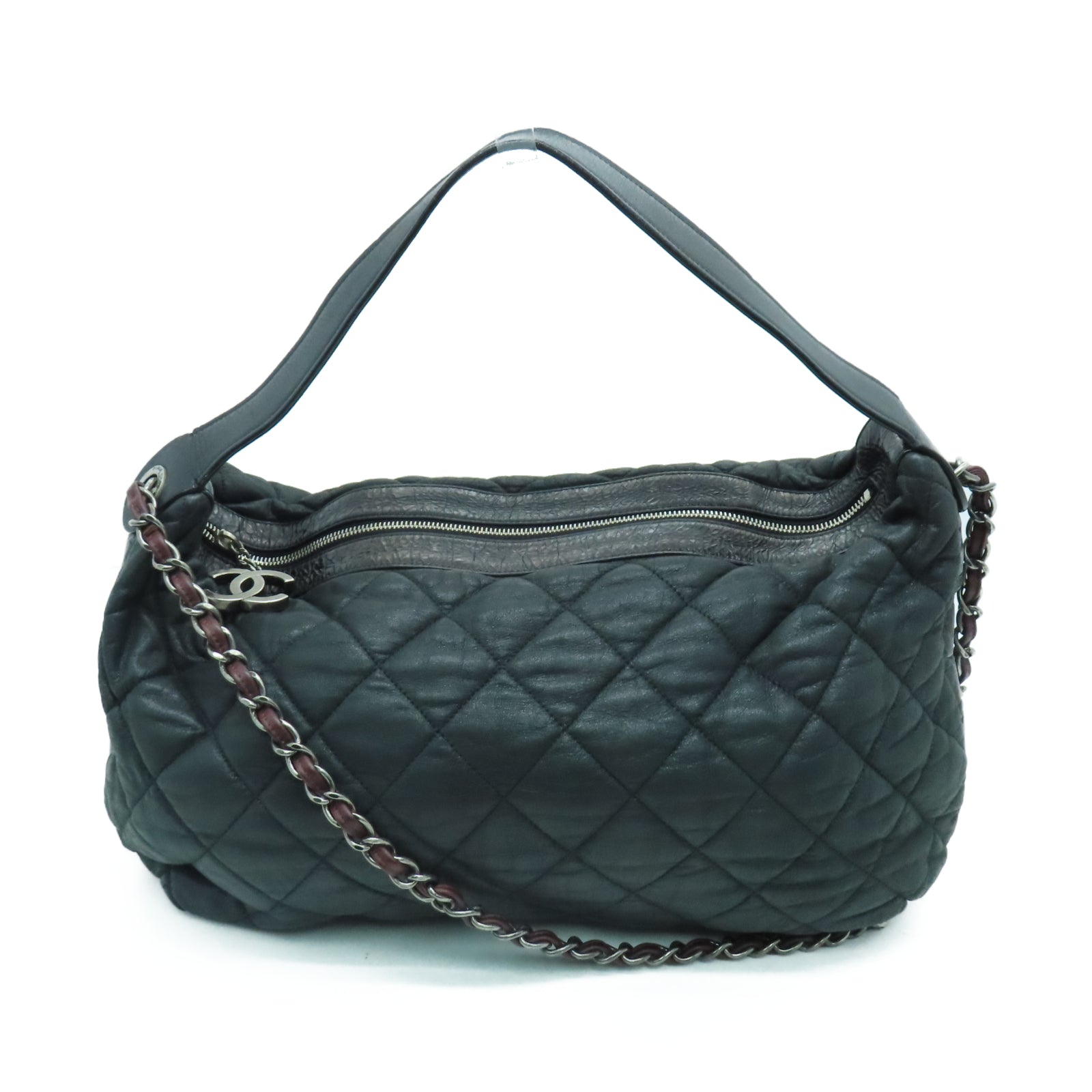 CHANEL rhombus sheepskin leather Shoulder Bag silver buckle chain shoulder bag black