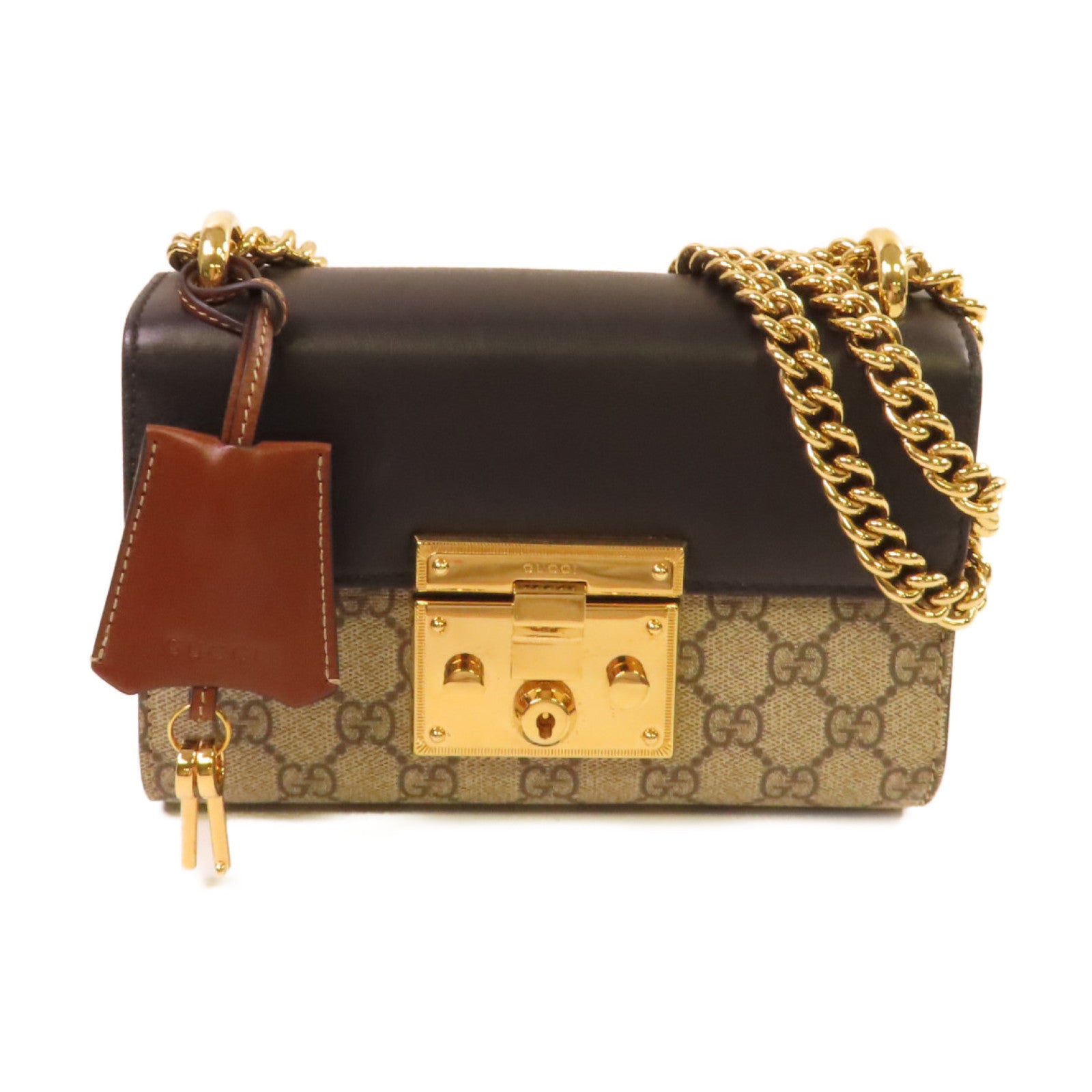 GUCCI 【激減優惠】塗層帆布Padlock GG Shoulder Bag金扣肩背袋啡色/黑色