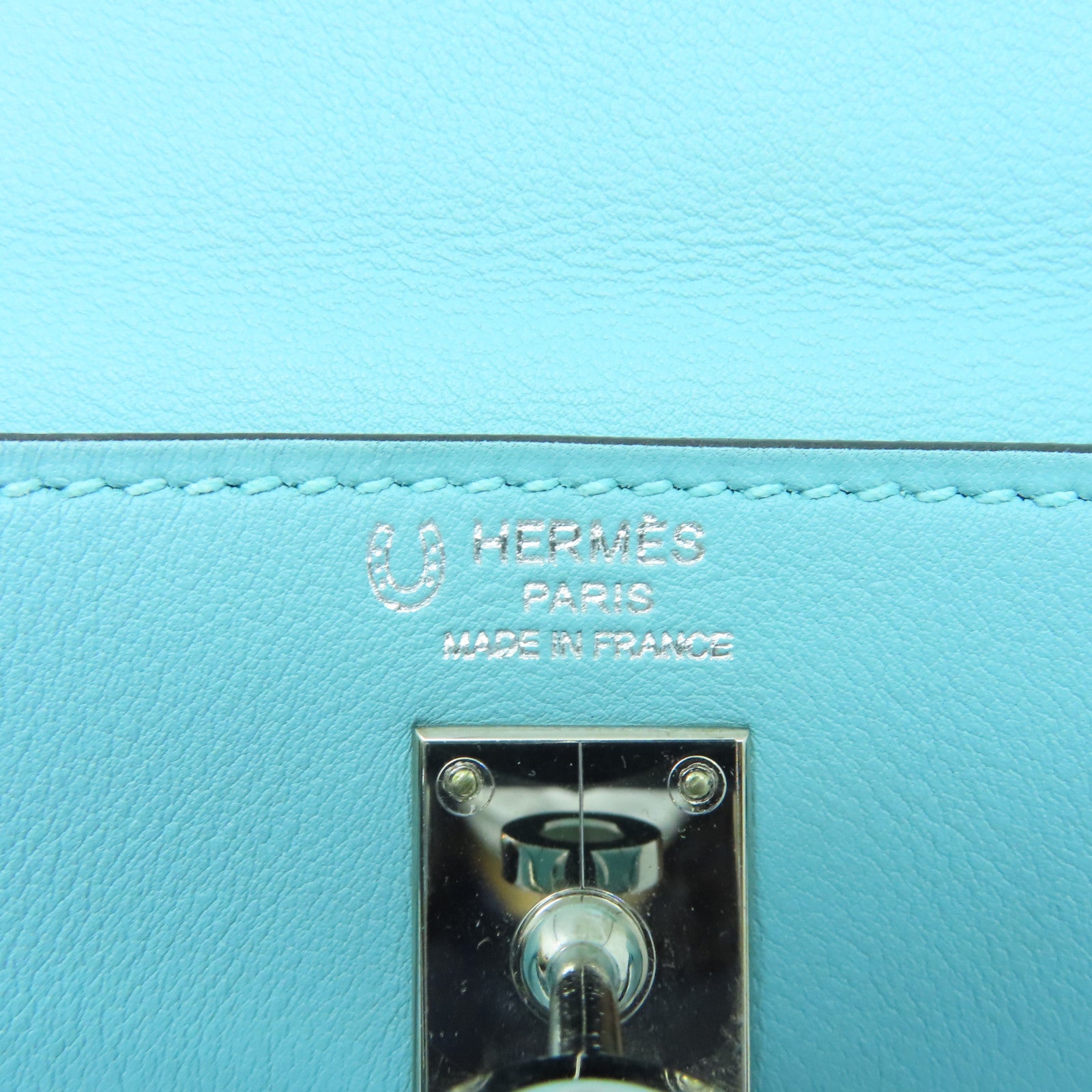 HERMES Swift Leather Kelly 25 SOP Silver Buckle Handle Bag Bleu Atoll Light Blue