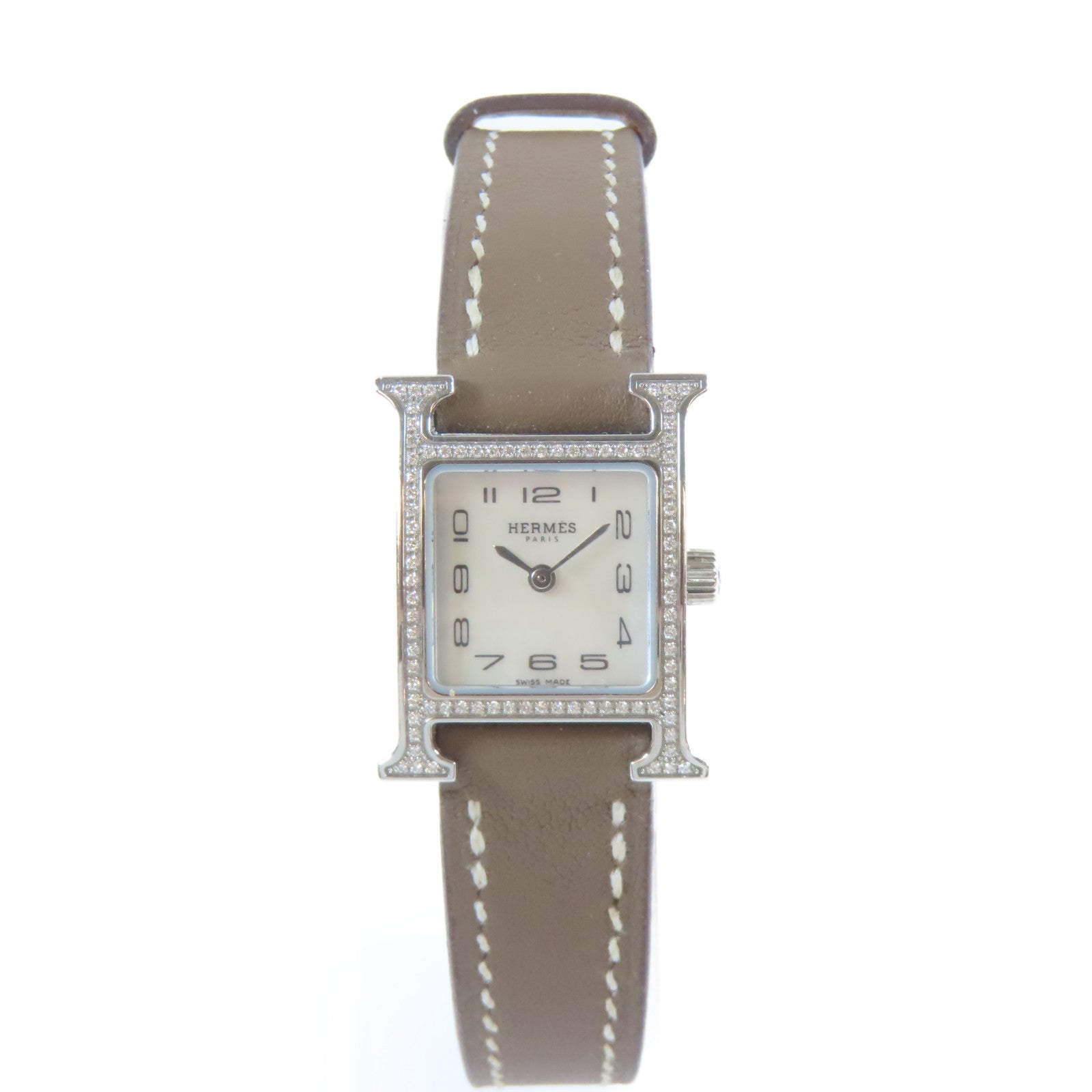 HERMES 不鏽鋼/皮革帯H Watch Diamond石英機芯手錶啡色