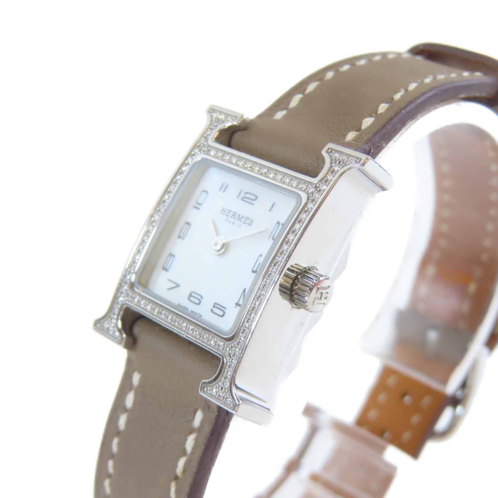 HERMES 不鏽鋼/皮革帯H Watch Diamond石英機芯手錶啡色