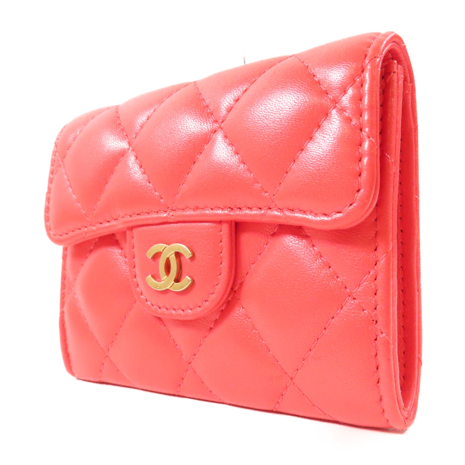 CHANEL 【激減優惠】菱格羊皮皮革Card Case金扣卡片套紅色