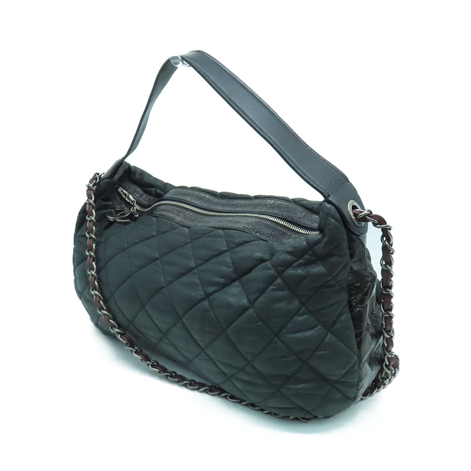 CHANEL rhombus sheepskin leather Shoulder Bag silver buckle chain shoulder bag black
