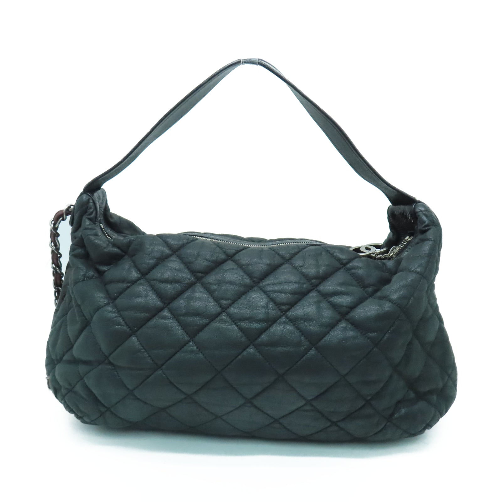 CHANEL rhombus sheepskin leather Shoulder Bag silver buckle chain shoulder bag black