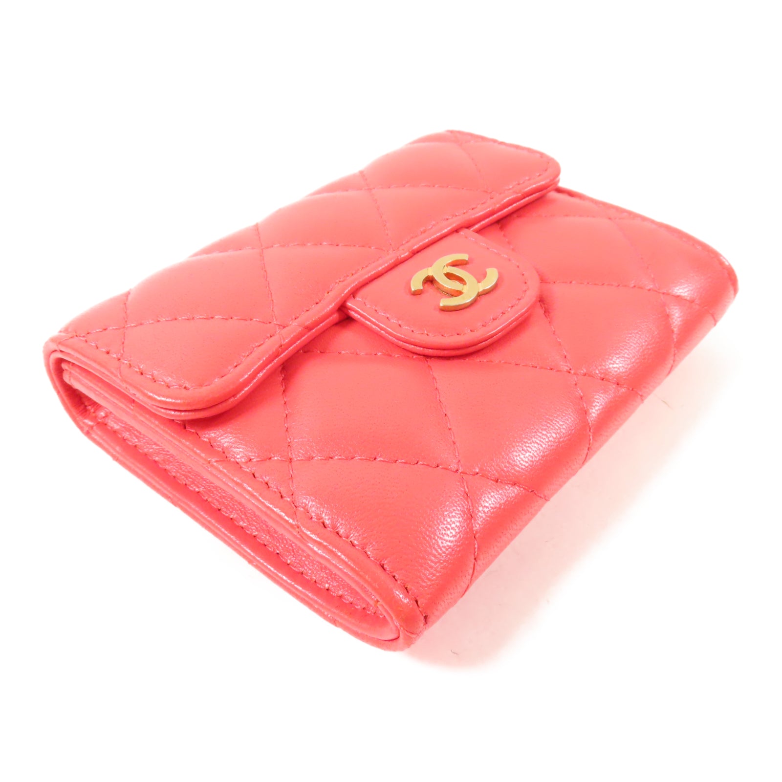 CHANEL 【激減優惠】菱格羊皮皮革Card Case金扣卡片套紅色