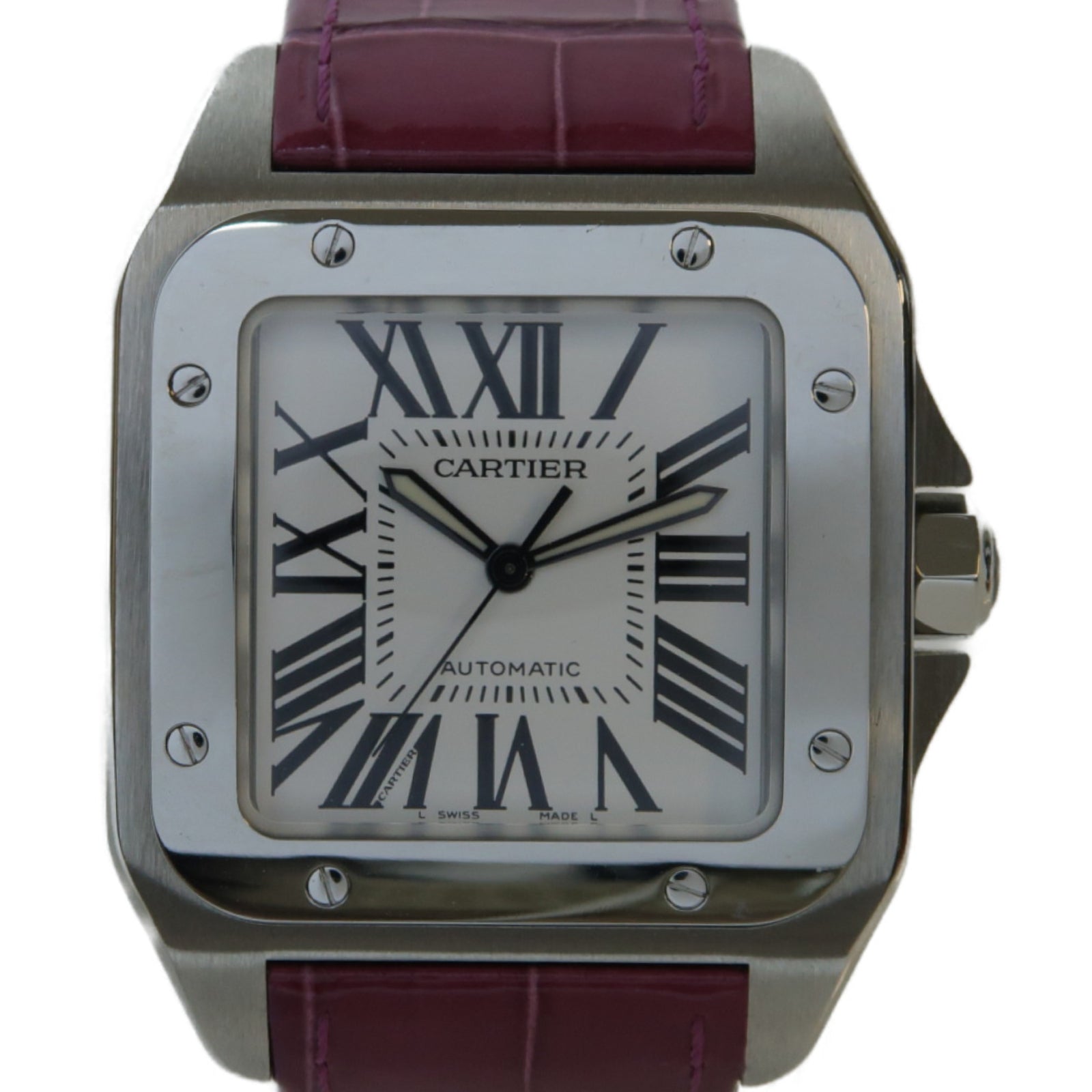 CARTIER Santos 100不鏽鋼/鱷魚皮革帶手錶自動機芯白色/紫色
