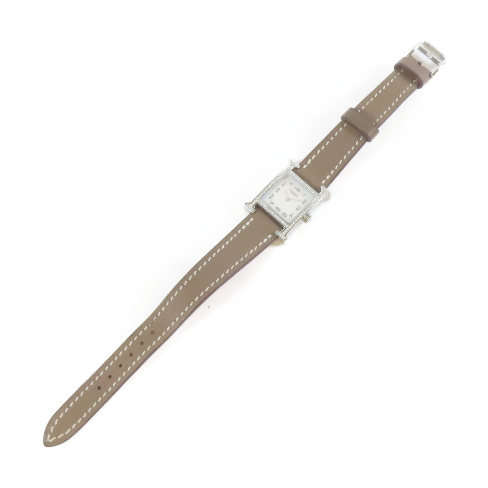 HERMES 不鏽鋼/皮革帯H Watch Diamond石英機芯手錶啡色