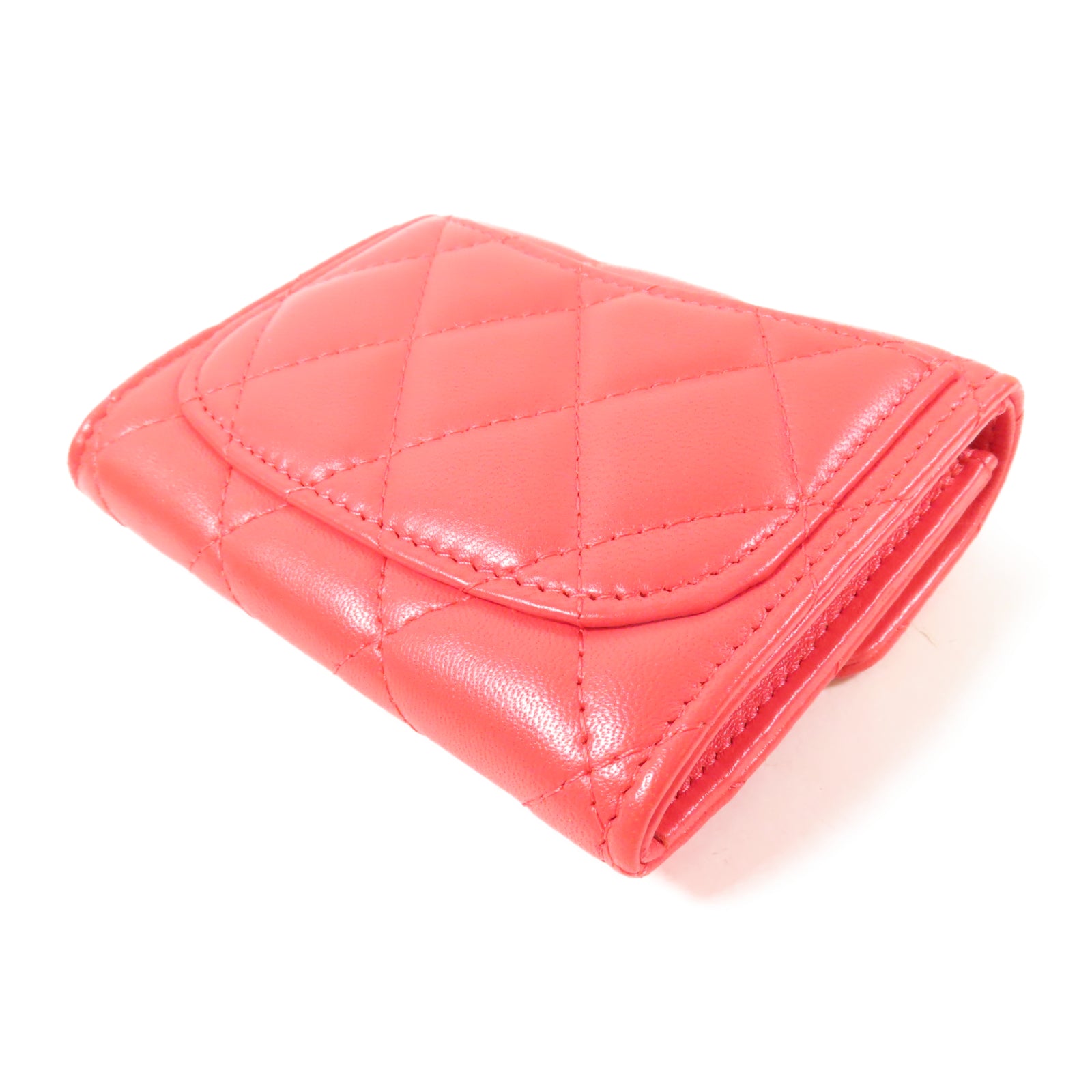 CHANEL 【激減優惠】菱格羊皮皮革Card Case金扣卡片套紅色
