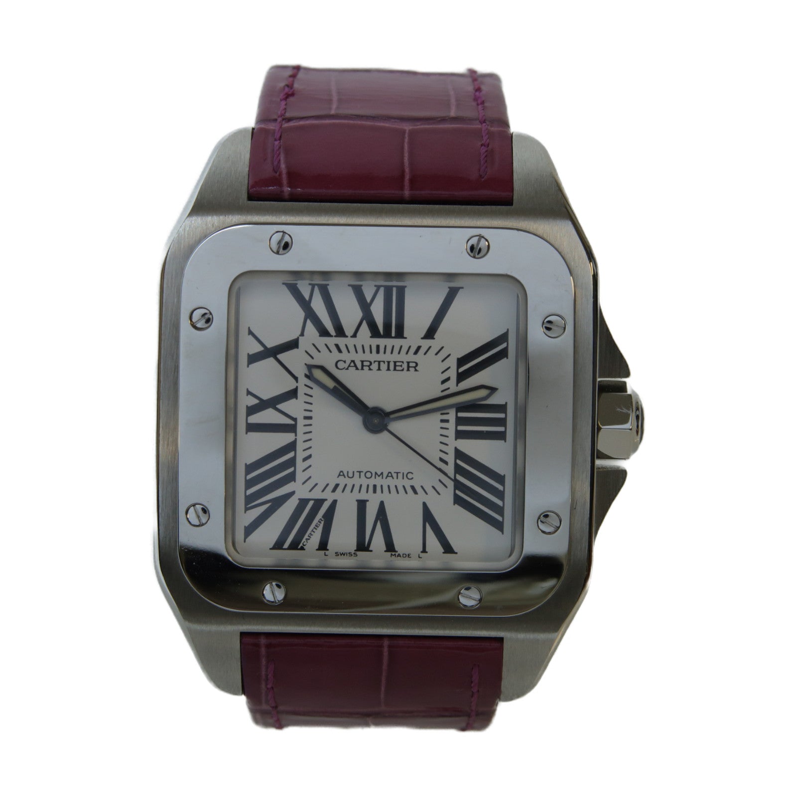 CARTIER Santos 100不鏽鋼/鱷魚皮革帶手錶自動機芯白色/紫色