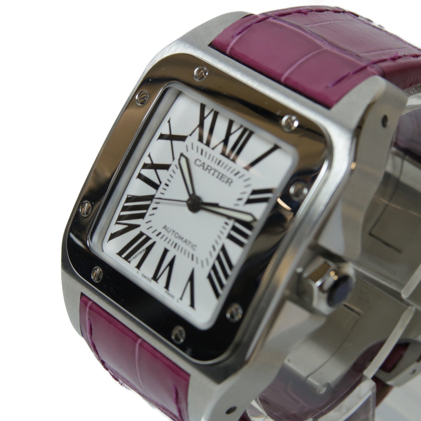 CARTIER Santos 100不鏽鋼/鱷魚皮革帶手錶自動機芯白色/紫色