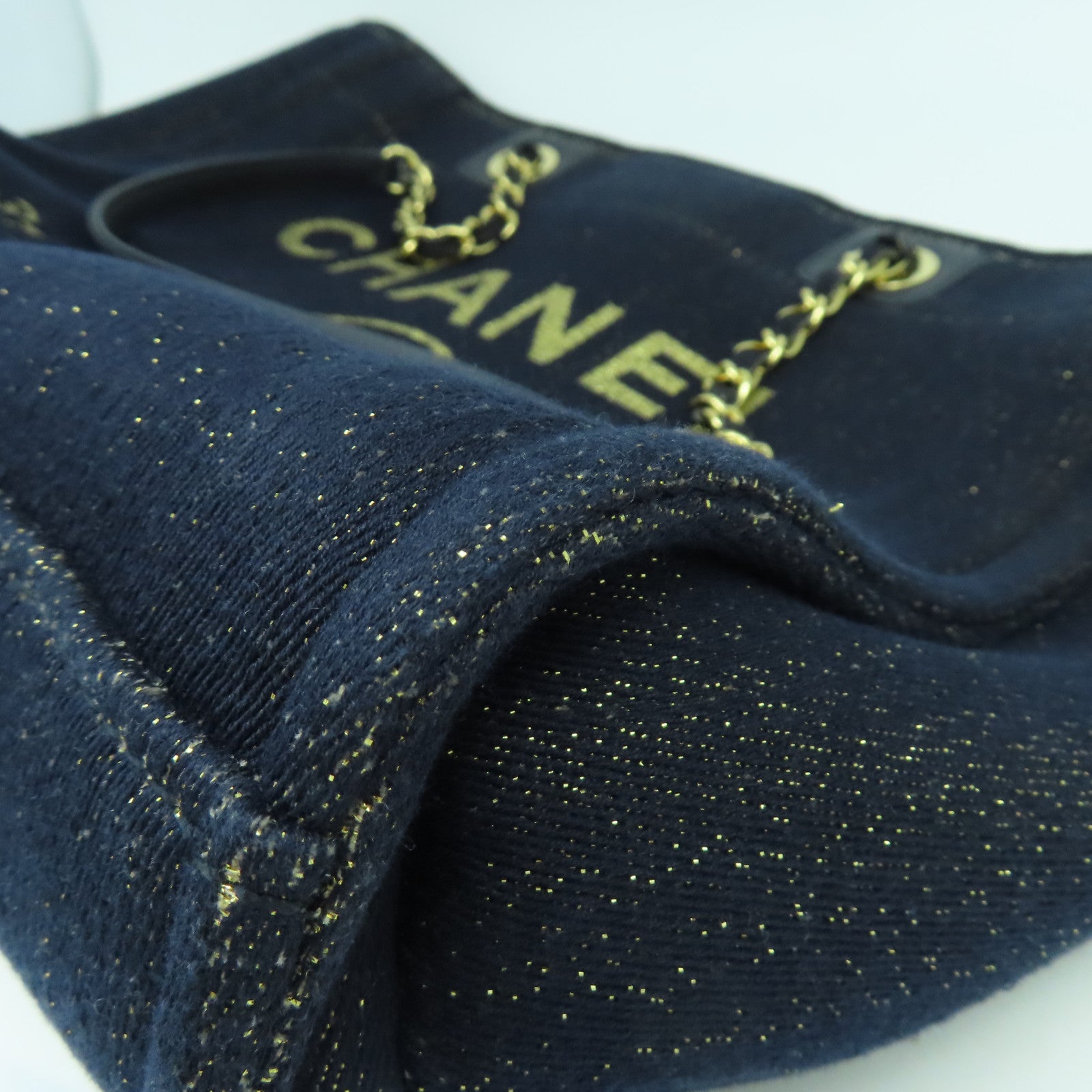CHANEL 帆布Deauville Tote金扣肩背袋藍色