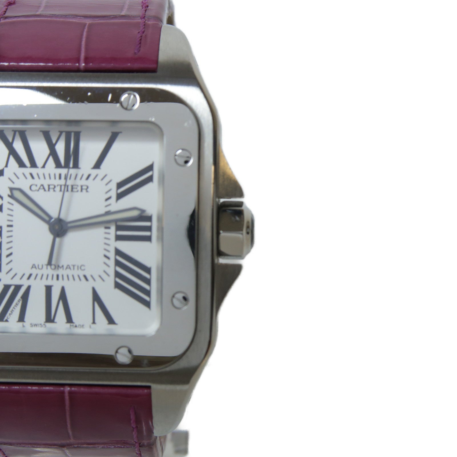 CARTIER Santos 100不鏽鋼/鱷魚皮革帶手錶自動機芯白色/紫色